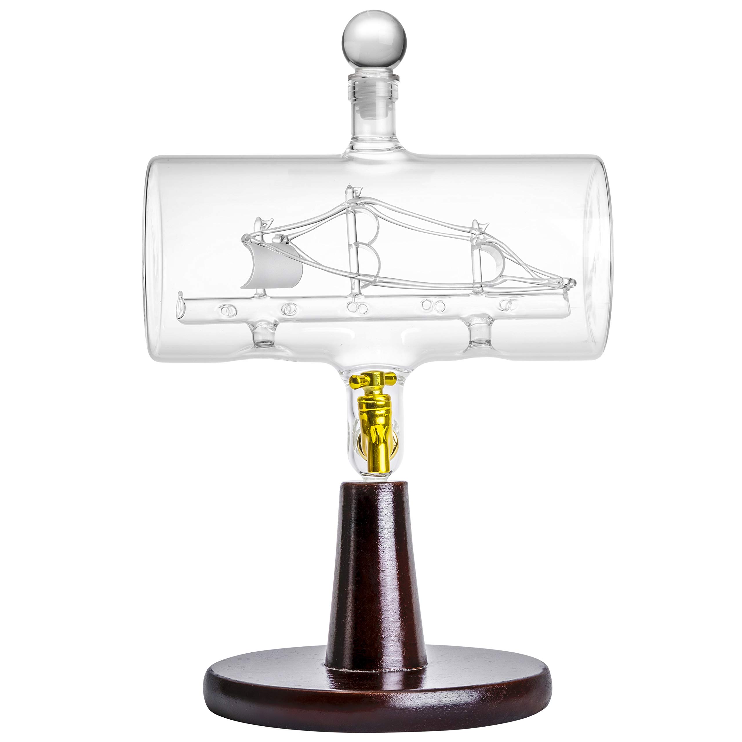 Premium Handcrafted 38oz Whiskey Decanter Set - Glass Liquor Dispenser with Wooden Stand, Bar Funnel & Ship Design - Perfect for Home Bars, Gifts & Whiskey Enthusiasts