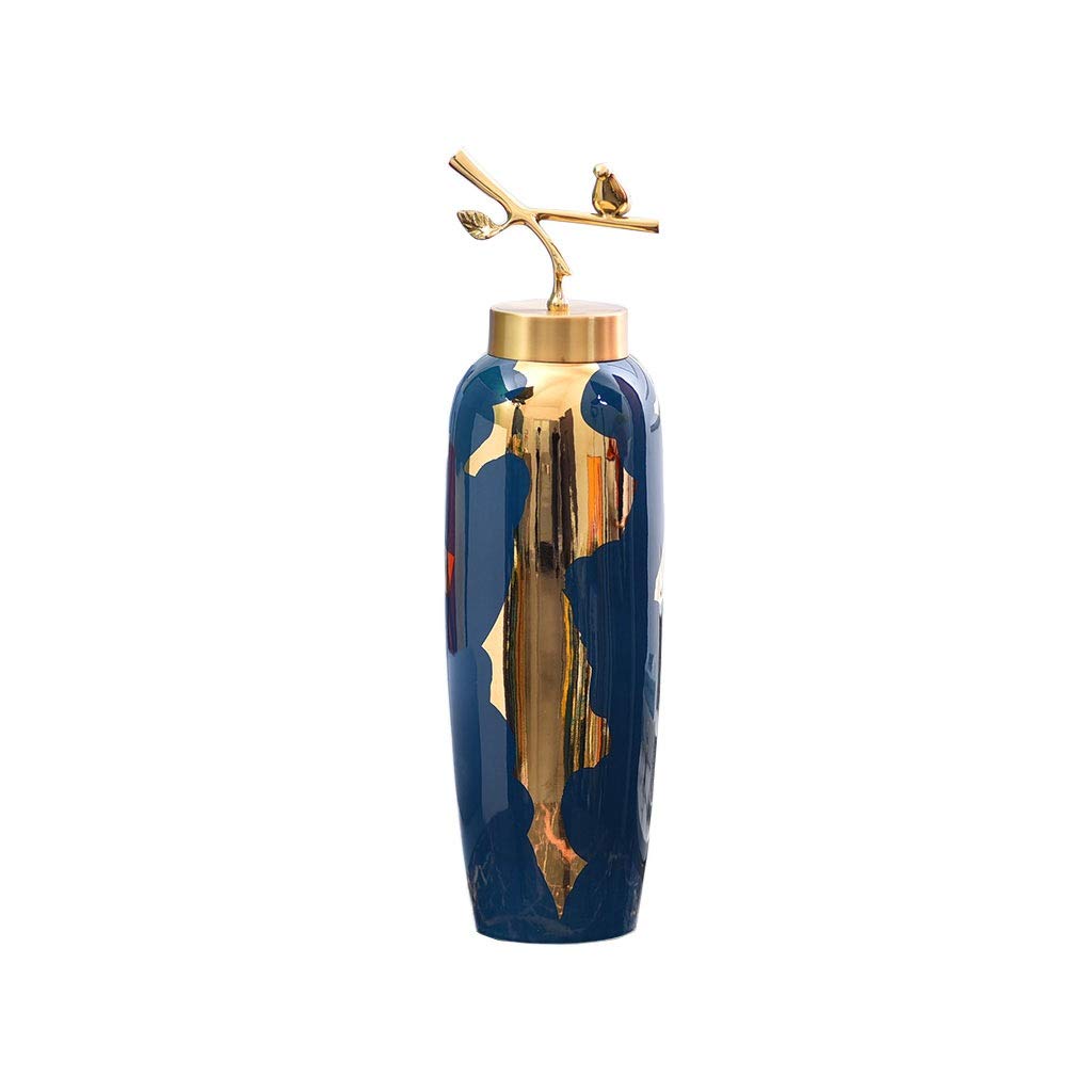Kerryshop Blue Ceramic Vase with Pure Copper Cover - Elegant Home Decor for Living Room, Dining Table, Office Desk | Perfect Flower Vase & Gift Idea for Weddings, Housewarming, and Special Occasions
