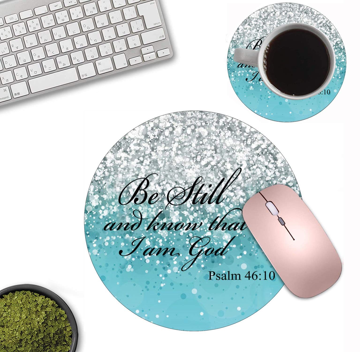 Blue Glitter Christian Bible Verses Psalm 46:10 Round Mouse Pad & Coasters Set - Non-Slip Rubber Base for Laptop & Computer - Perfect for Office, Home Desk & Bible Study Decor