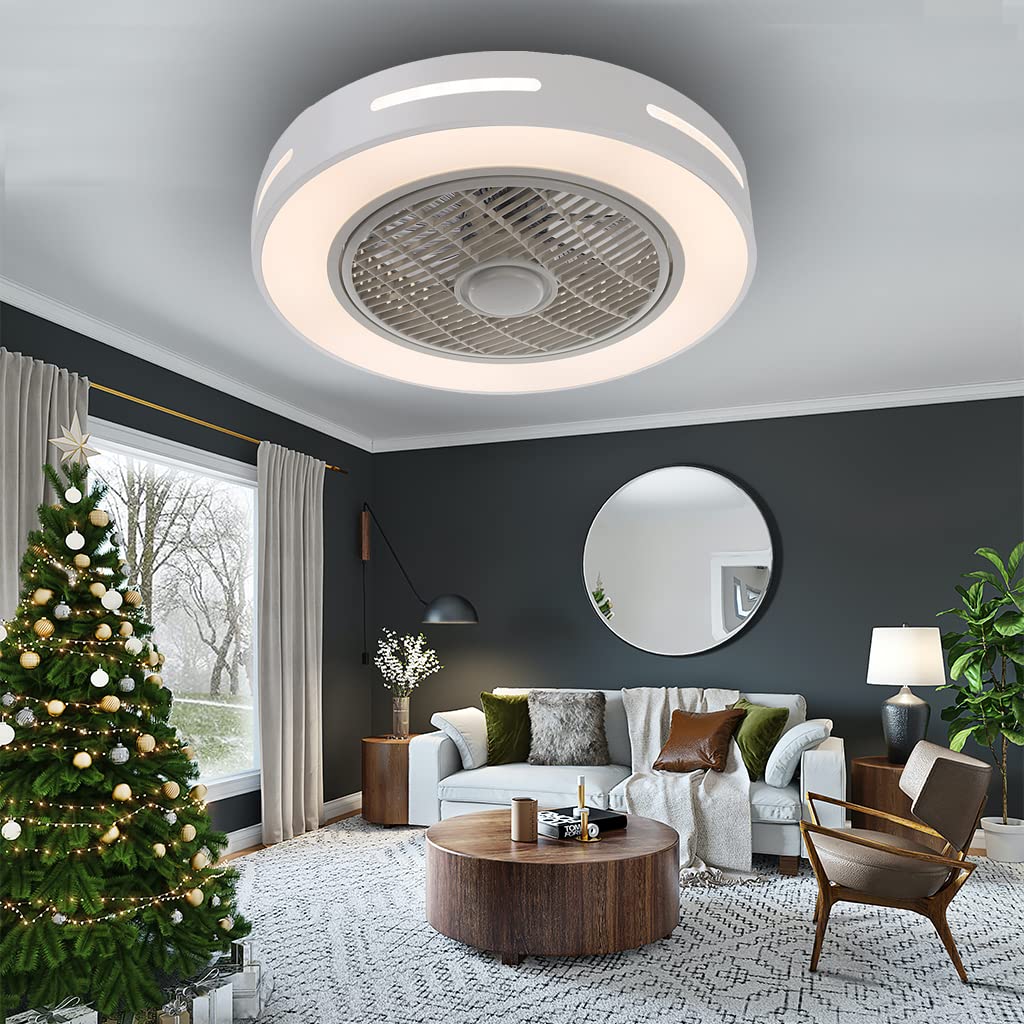 Modern Low Profile Bladeless Ceiling Fan with Lights - Remote Control Flush Mount Enclosed Fan for Bedroom, Living Room & Small Spaces | Energy Efficient Cooling & Stylish Lighting for Home & Office