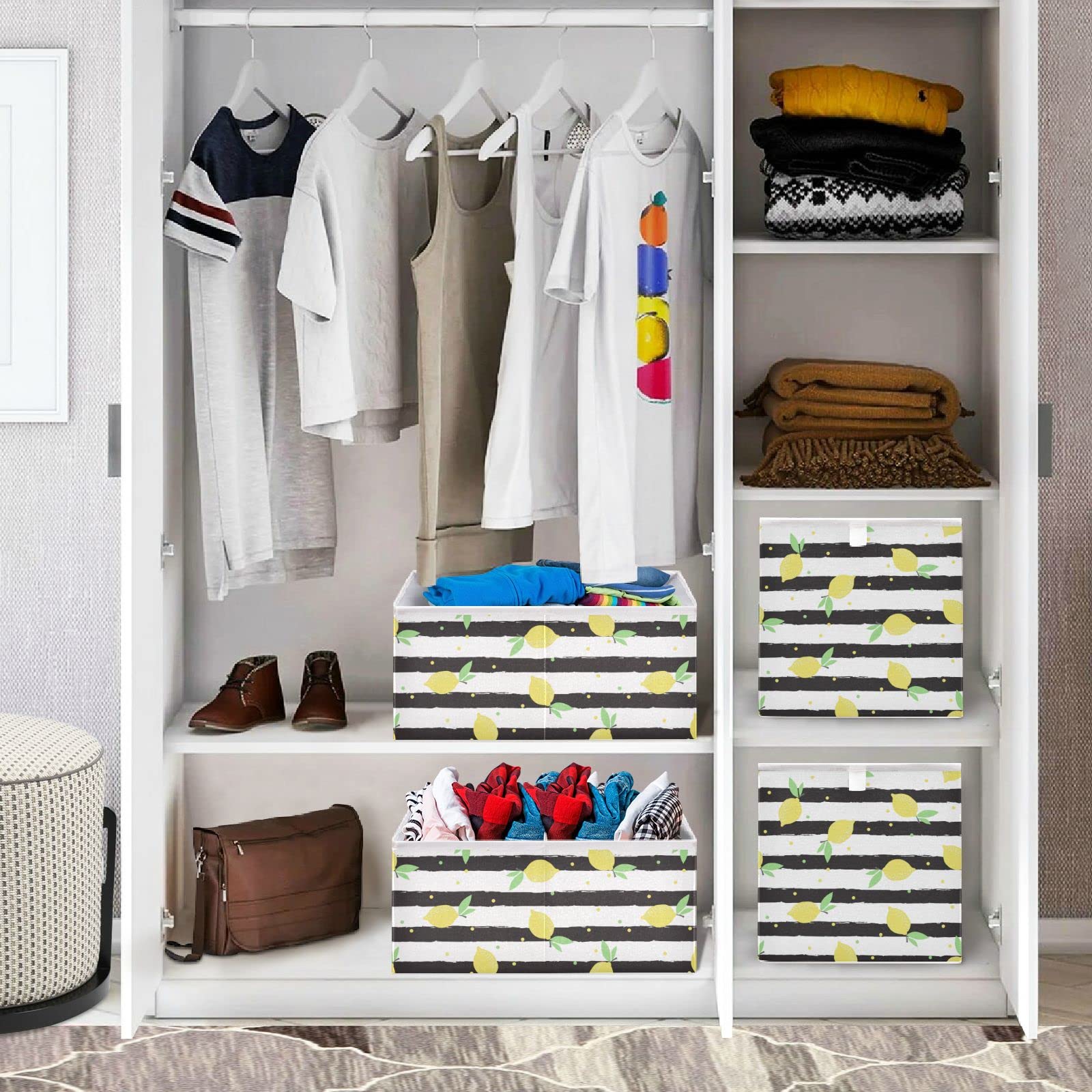 DOMIKING Foldable Storage Bin with Sturdy Handle - Lemons Design Storage Basket for Closet, Shelves & Bedroom Organization | Perfect for Gift Wrapping, Home Decor & Seasonal Storage