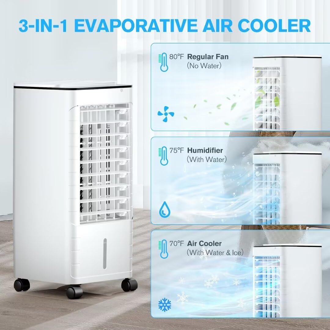 Portable Air Conditioner Without Window - 3-in-1 Ductless Evaporative Cooler with Remote Control, 12H Timer & 1.16 Gallon Water Tank, 3 Speed Modes & Oscillation - Quiet AC Unit for Bedroom, Home Office, Living Room & Small Spaces