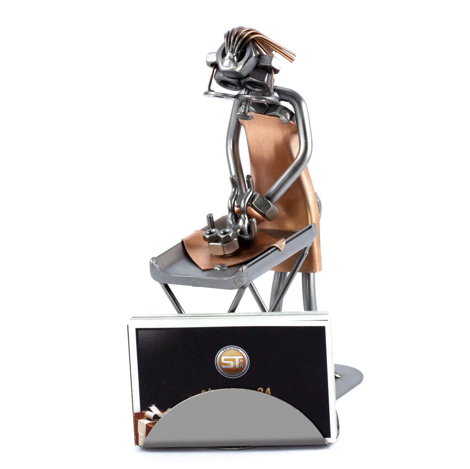 Handmade Metal Figurine Sculpture - Personalized Engraved Woman with Baby & Business Card Holder | Nuts and Bolts Design | German Craftsmanship | Perfect Office Desk Decor & Thoughtful Gift Idea