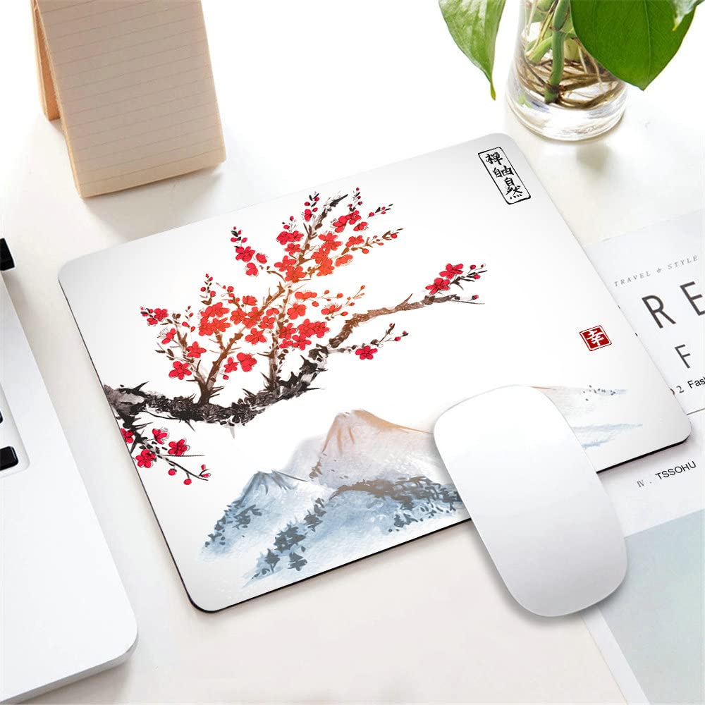Premium Japanese Ink Painting Mouse Pad - Cherry Blossom & Snow Mountain Design, Non-Slip Rubber Base, 9.5