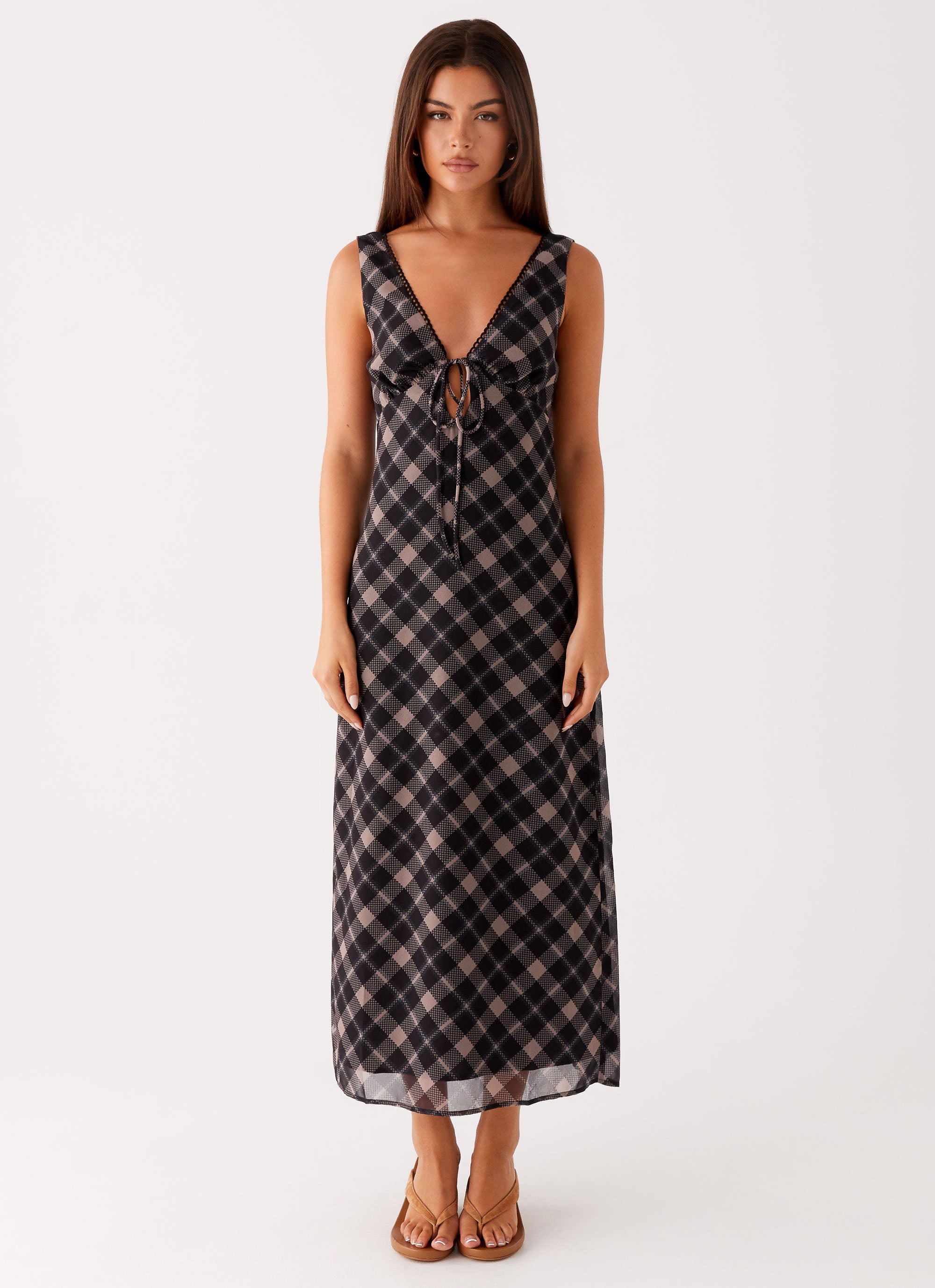 Gianna Midi Dress Women's Casual Check Print A-Line Flowy Dress in Taupe - Perfect for Office, Date Night & Summer Outings