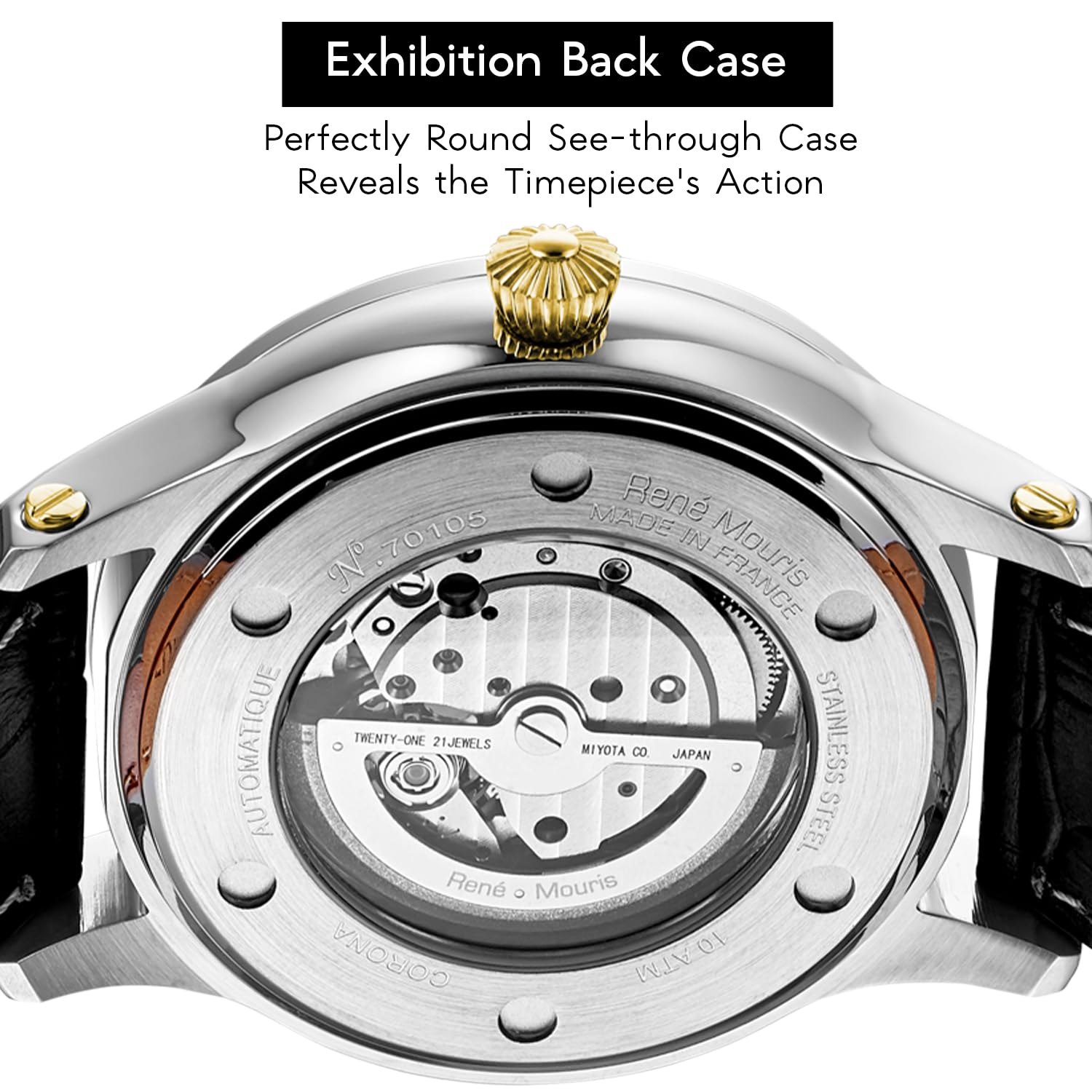 René Mouris Men's Automatic Watch - 44mm Stainless Steel Semi-Skeleton Design, Sapphire Coated Mineral Crystal, 100M Waterproof with Leather Strap - Perfect for Business, Casual Wear & Outdoor Activities