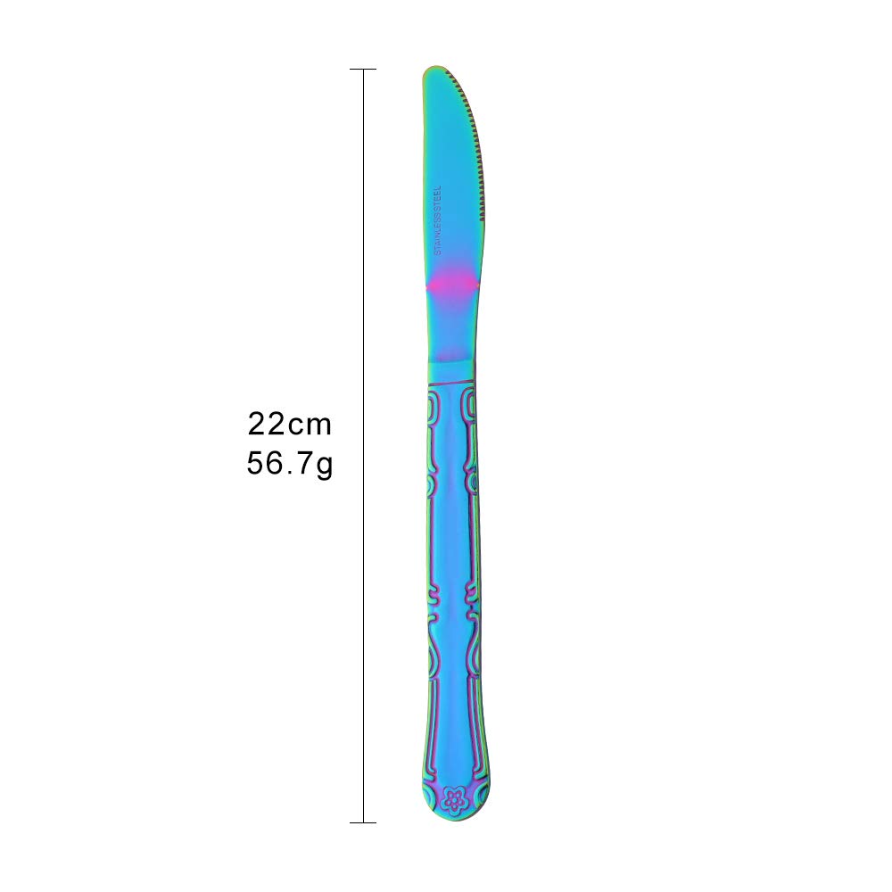 12-Piece Rainbow Stainless Steel Dinner Knives Set - Colorful Titanium Plated Silverware with Flower Edge, 8.6 Inch Multi-Color Flatware for Parties, Weddings & Elegant Dining