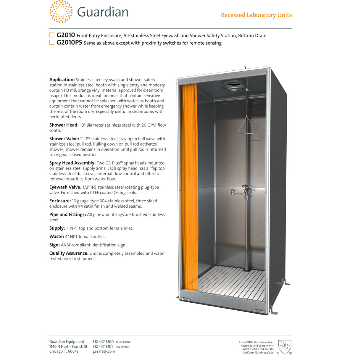 Guardian G2010 Stainless Steel Emergency Eyewash & Safety Shower Station with Bottom Drain - Front Entry Enclosure for Industrial & Laboratory Safety Use