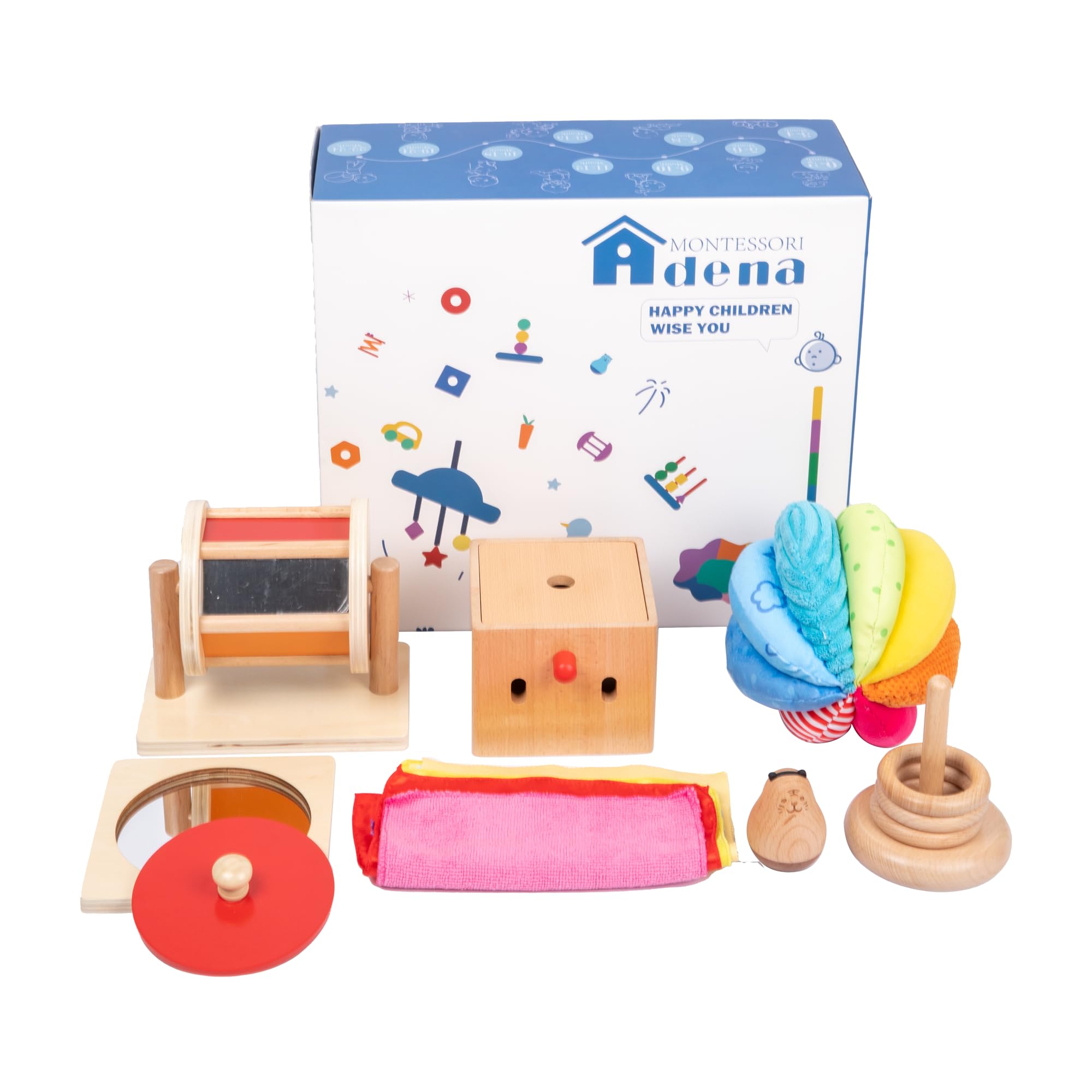 **Adena Montessori Play Kit for 5-6 Month Old Babies - 8-in-1 Learning & Educational Toys for Toddlers (Rainbow Spinning Drum, Mirror Puzzle, Baby Tissue Box & More) - Perfect Christmas & Birthday Gift for Boys & Girls - Ideal for Early Childhood Development & Sensory Play**