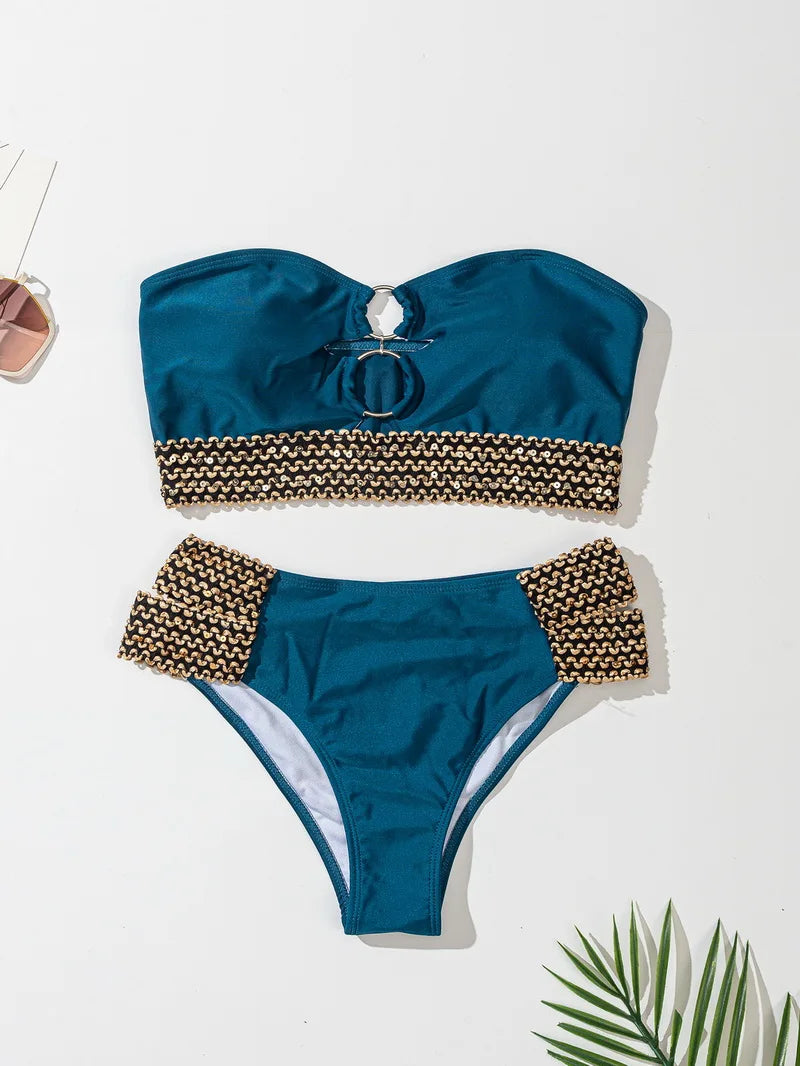 2024 Women's Strapless Bandeau Bikini Set - Brazilian Thong Swimwear with Sequin Braiding | Beach Vacation, Pool Party, Summer Fashion