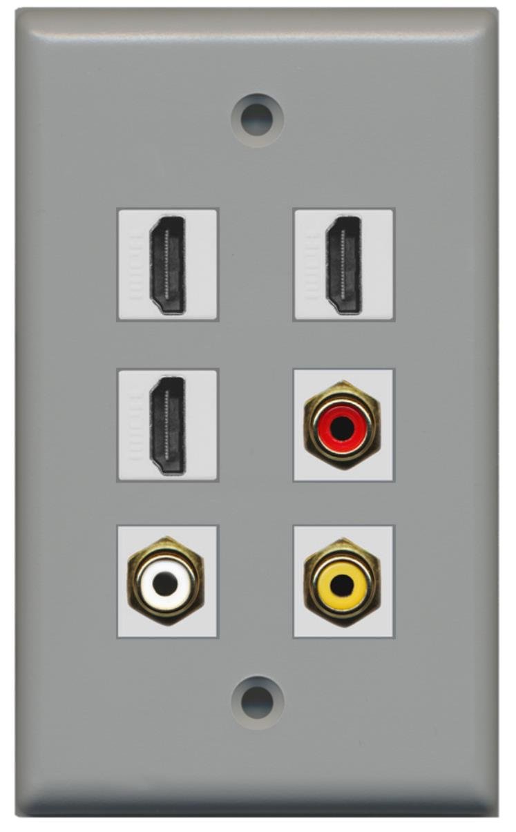 RiteAV 3-Port HDMI and RCA Wall Plate - Gray | HDMI, Red, White, Yellow RCA Connectors for Home Theater and AV Setup