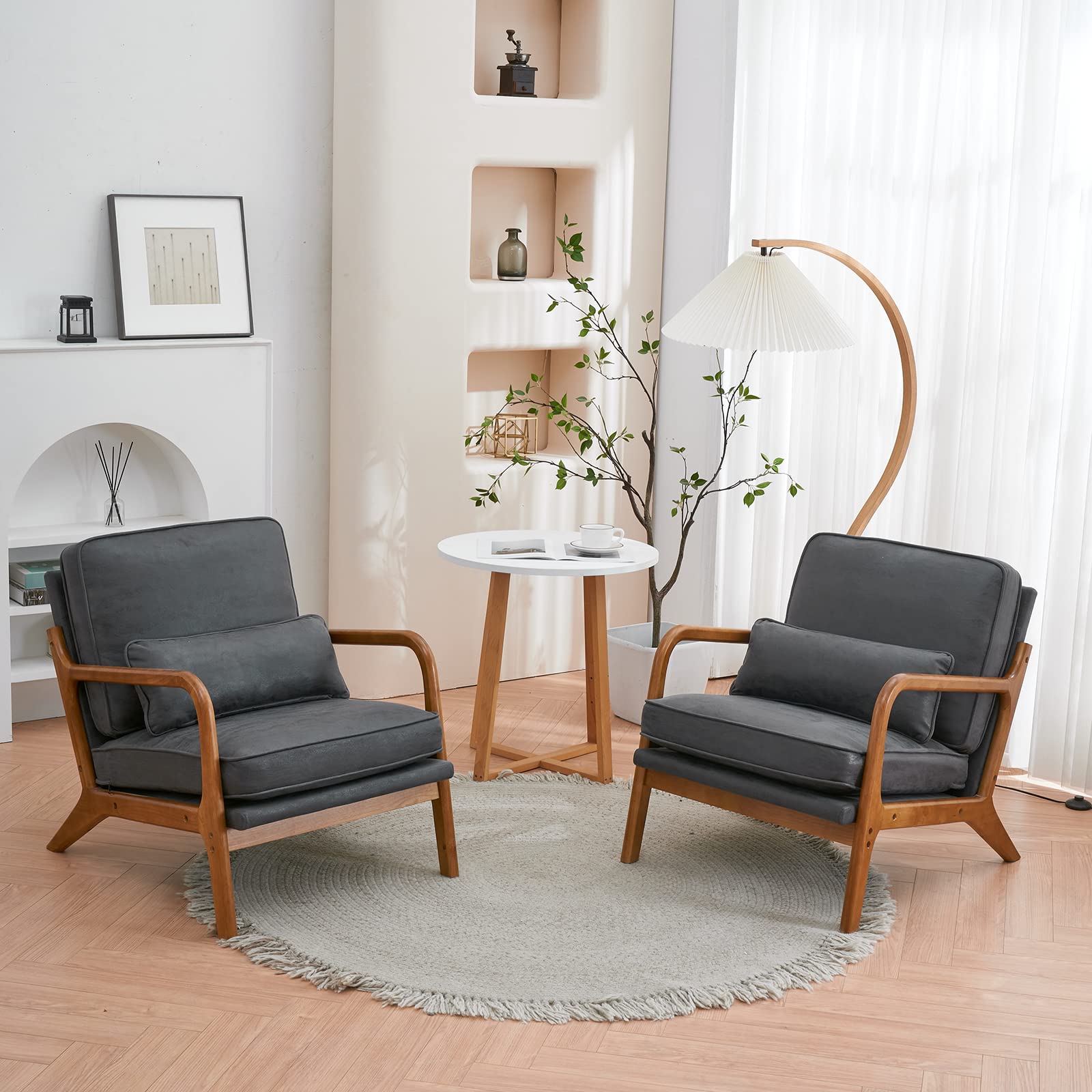 Mid Century Modern Accent Chair - Solid Oak Wood Frame with Upholstered Seat - Single Lounge Chair for Living Room, Bedroom, Office - Dark Grey - Perfect for Reading Nook, Cozy Corner & Home Decor