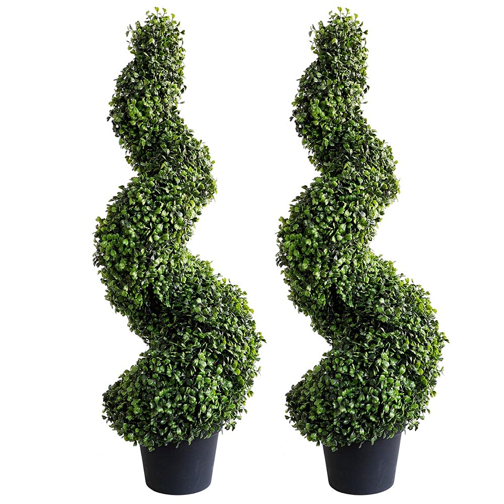Artificial Spiral Topiary Trees Set of 2 - 35 Inch Faux Cedar Boxwood Plants in Plastic Pots for Indoor Outdoor Decor | Perfect for Patio, Garden, Entryway & Office Decorating