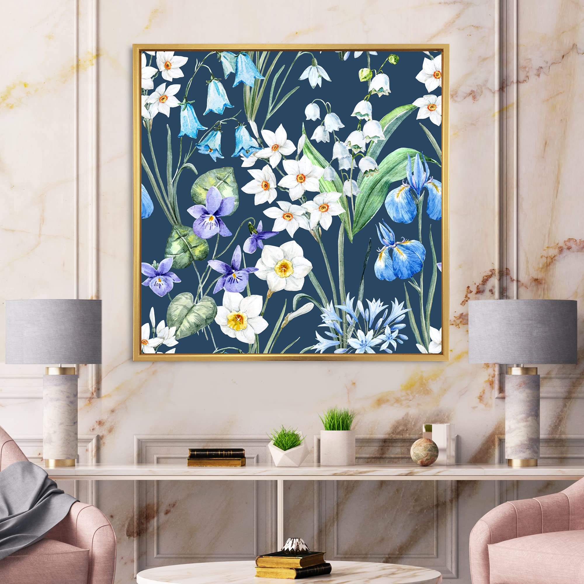DesignQ White and Blue Spring Flowers on Dark Blue - Traditional Framed Canvas Wall Art Print for Living Room, Bedroom & Office Decor