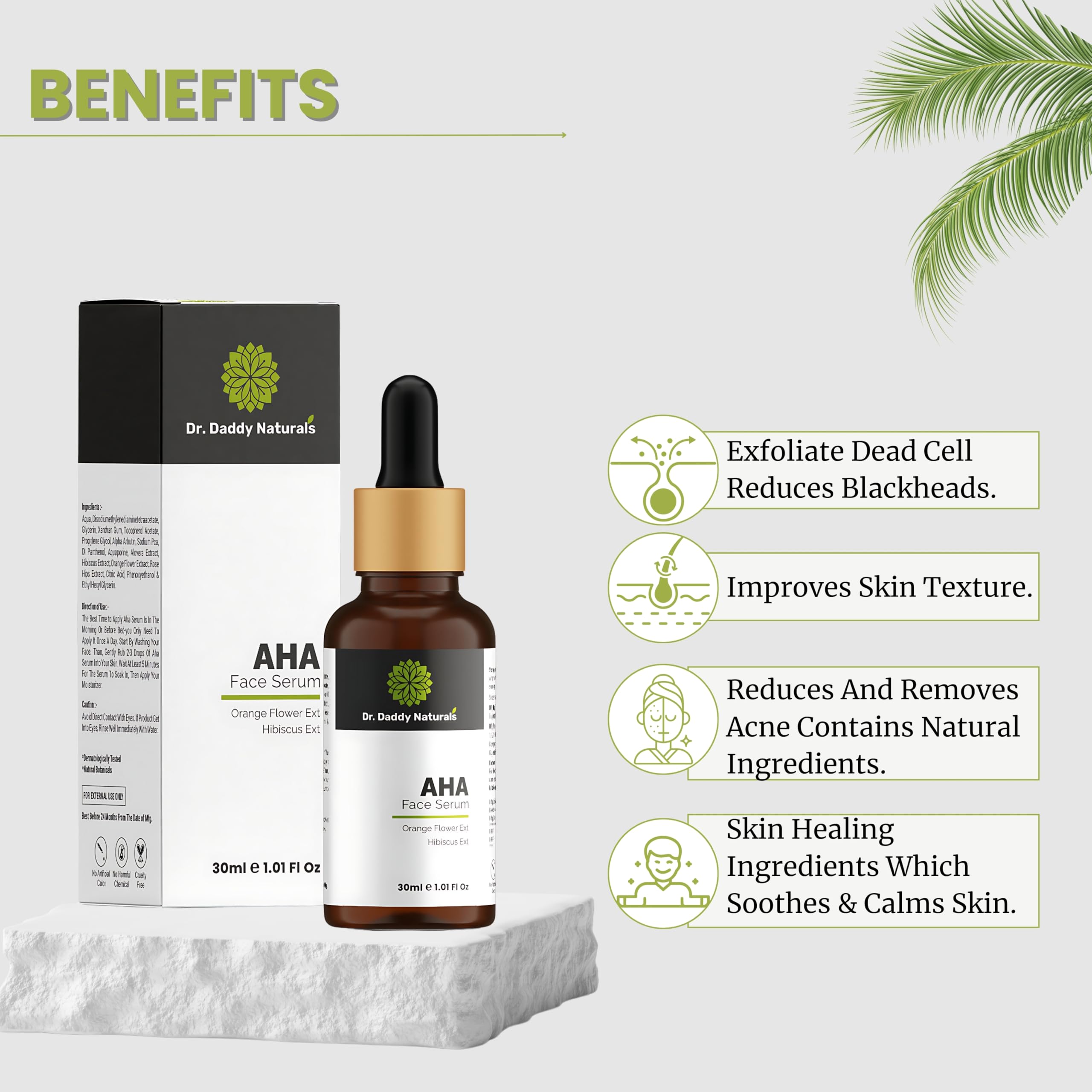 Dr. Daddy Naturals AHA Face Serum with Orange Flower & Hibiscus Extract - Acne Spot Treatment for Clear Skin, Brightening & Smoothing - Suitable for Normal, Oily, Dry & Combination Skin - Paraben & Sulfate Free, Fragrance Free - 30ml - Perfect for Daily Skincare Routine & Nighttime Skin Repair