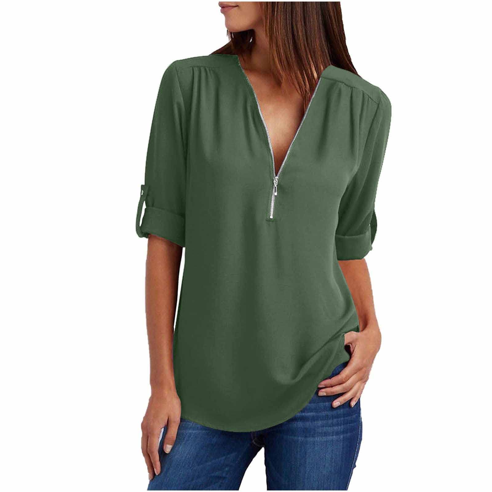 2022 Women's Summer Short Sleeve Chiffon Tunic Top - Sexy V-Neck Zipper Blouse, Casual Loose Fit Solid Color Shirt for Beach, Party & Office Wear