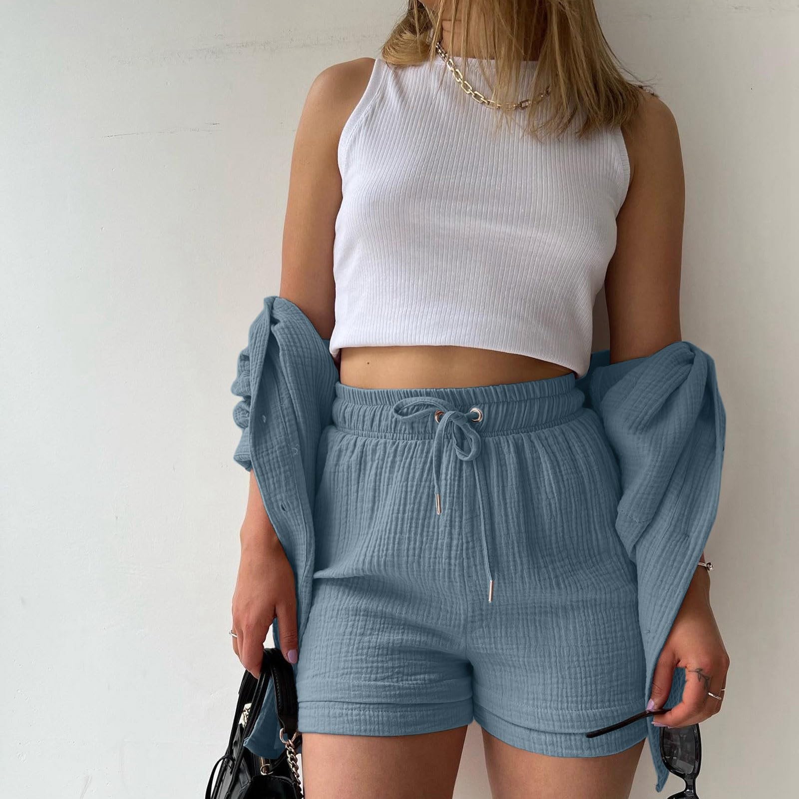Women's 2-Piece Lounge Set - Soft Cotton Linen Long Sleeve Button Down Blouse & Comfortable Shorts Sweatsuit Outfit | Perfect for Vacation, Yoga, and Relaxing at Home