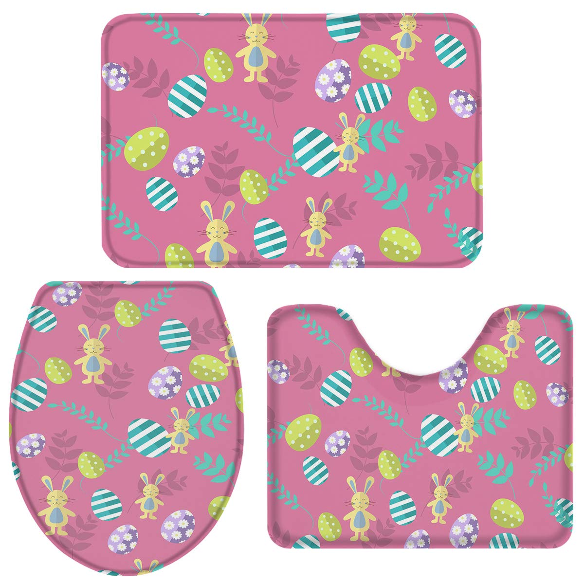 Easter Bathroom Rugs Set 3-Piece - Non-Slip Sponge Bath Mat, Toilet Lid Cover & U-Shaped Rug (20