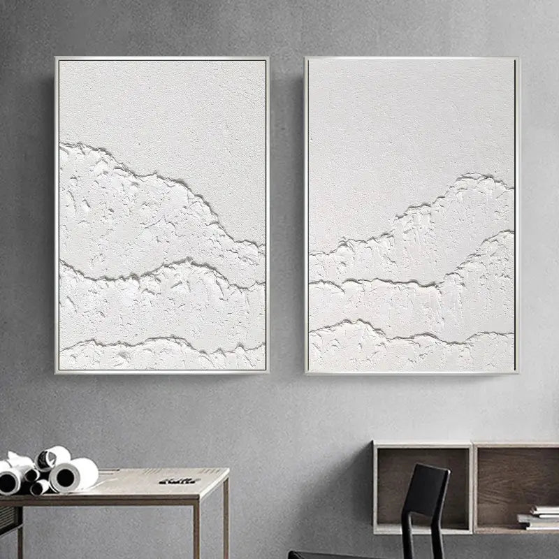 Minimalist White Textured Canvas Paintings - Set of 2 Modern Abstract Wall Art (#MM067) for Living Room, Bedroom & Office Decor
