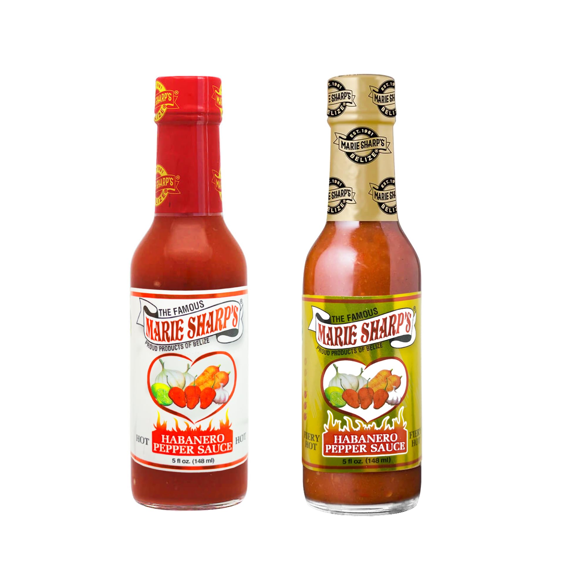 Marie Sharp's Hot & Fiery Habanero Pepper Sauce Combo Pack - 2 Bottles (5oz Each) - Spicy Condiment for Tacos, Wings & BBQ - Authentic Belizean Flavor