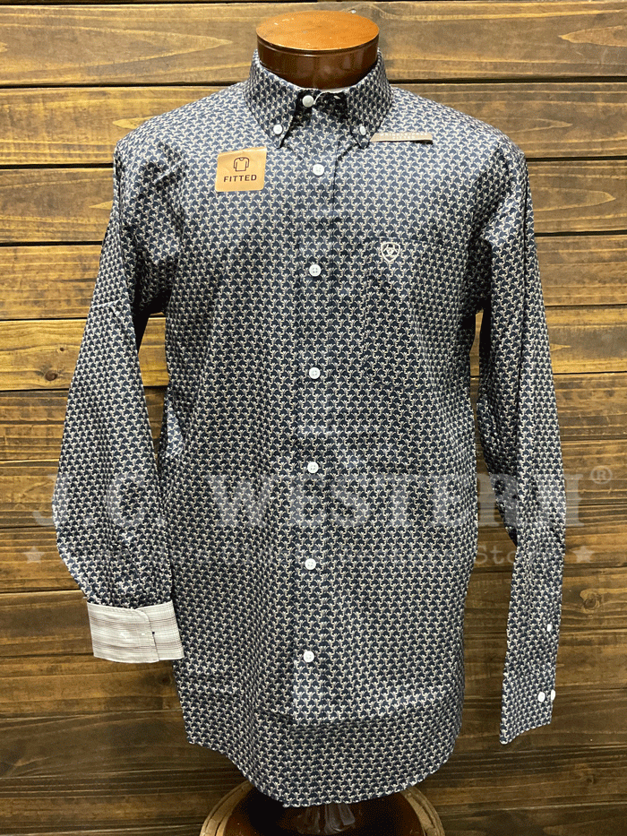 Ariat Men's Wrinkle Free Fields Fitted Shirt - Navy Blue Long Sleeve Casual Button Down for Work, Outdoor & Everyday Wear