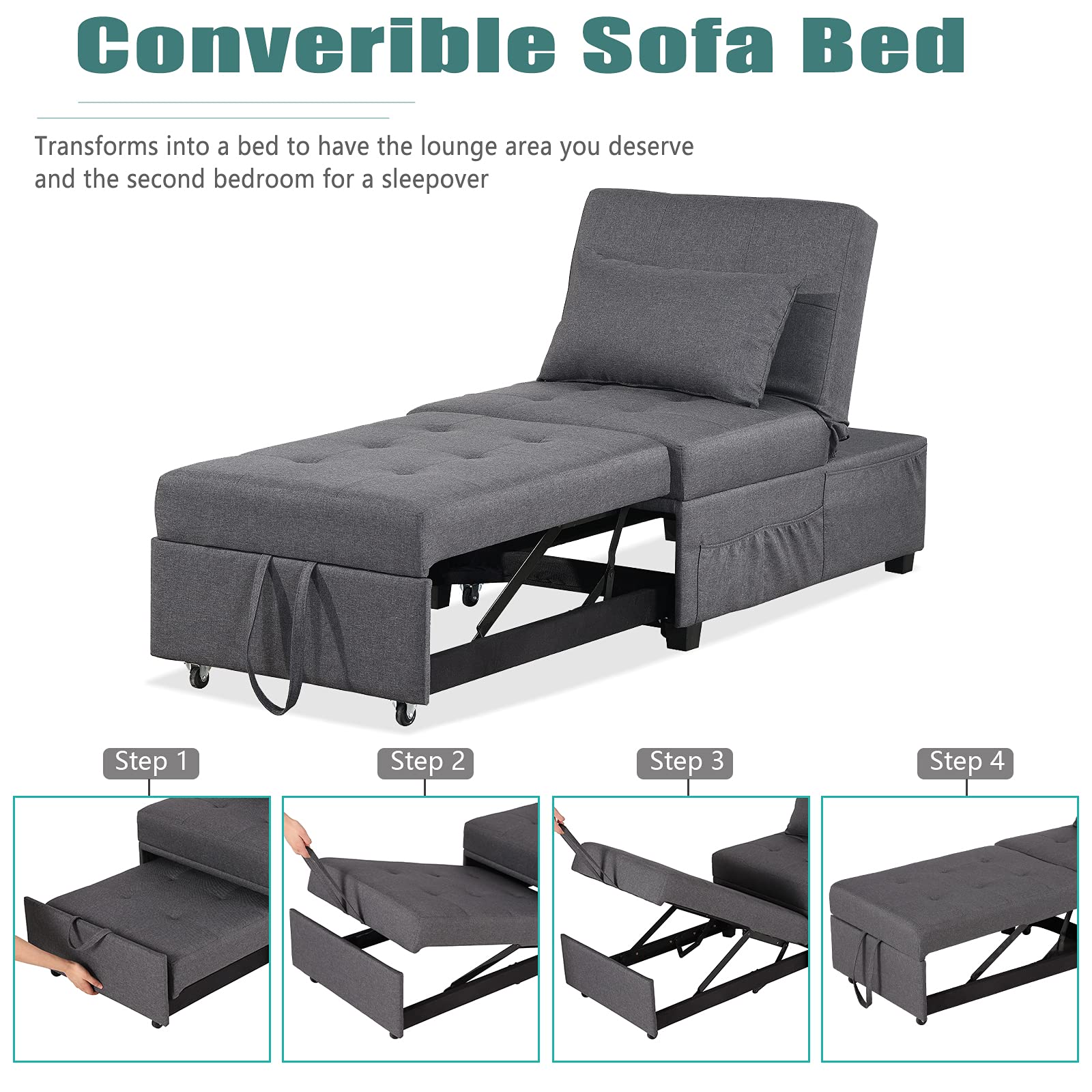 2-in-1 Convertible Sleeper Chair Bed Set with Tufted Ottoman, Pillow & Side Pockets - Space Saving Armless Sofa Bed for Small Apartments, Guest Rooms & Home Offices