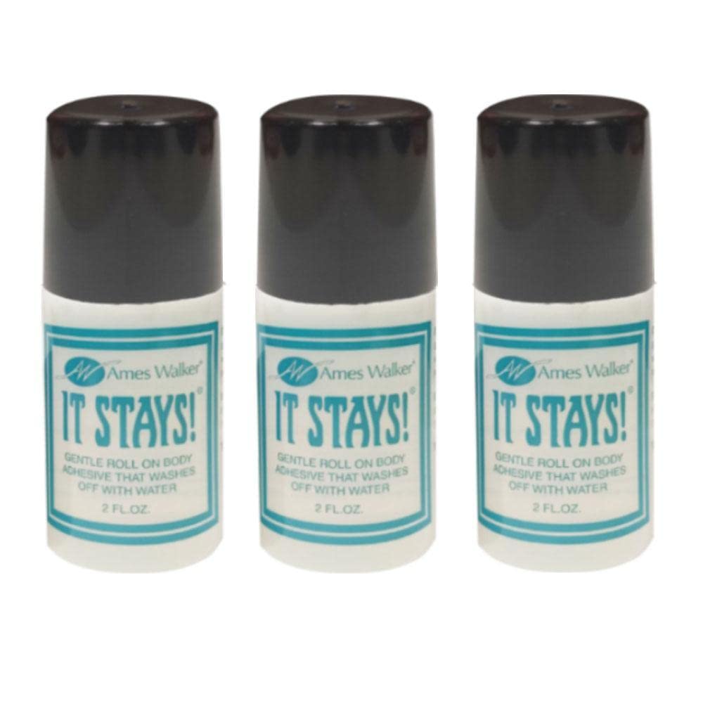 Ames Walker AW It Stays! Body Adhesive Roll-On - 3 Pack (2 oz Each) | Secure Wig, Bra & Hosiery Glue | Long-Lasting & Skin-Safe Adhesive for Costumes, Dance & Everyday Wear