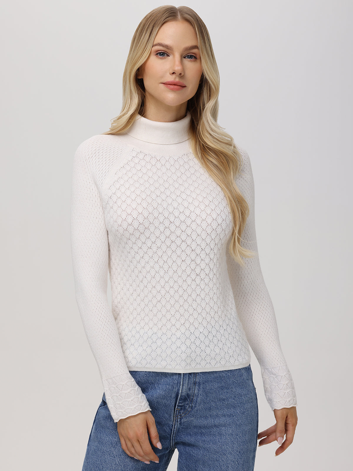 Violet Lace Stitch Turtleneck Sweater for Women - Elegant Long Sleeve Knit Pullover for Fall & Winter, Perfect for Office, Date Night and Casual Outfits