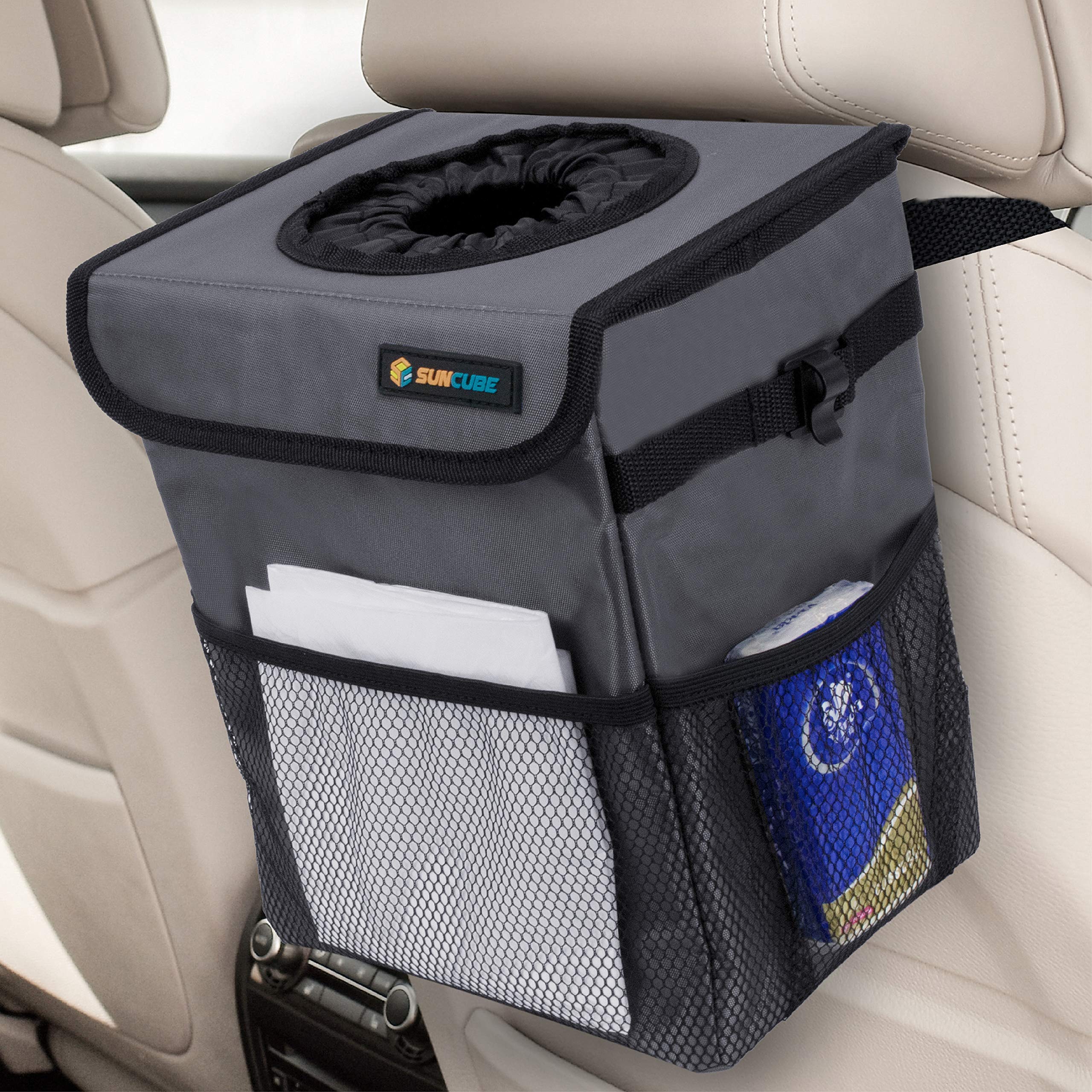 Waterproof Car Trash Can with Lid & Mesh Pockets - Leakproof Hanging Auto Garbage Bin for Car, Truck, SUV | Trash Bag Organizer for Headrest & Console | Perfect for Road Trips, Commuting & Family Travel (Dark Gray)