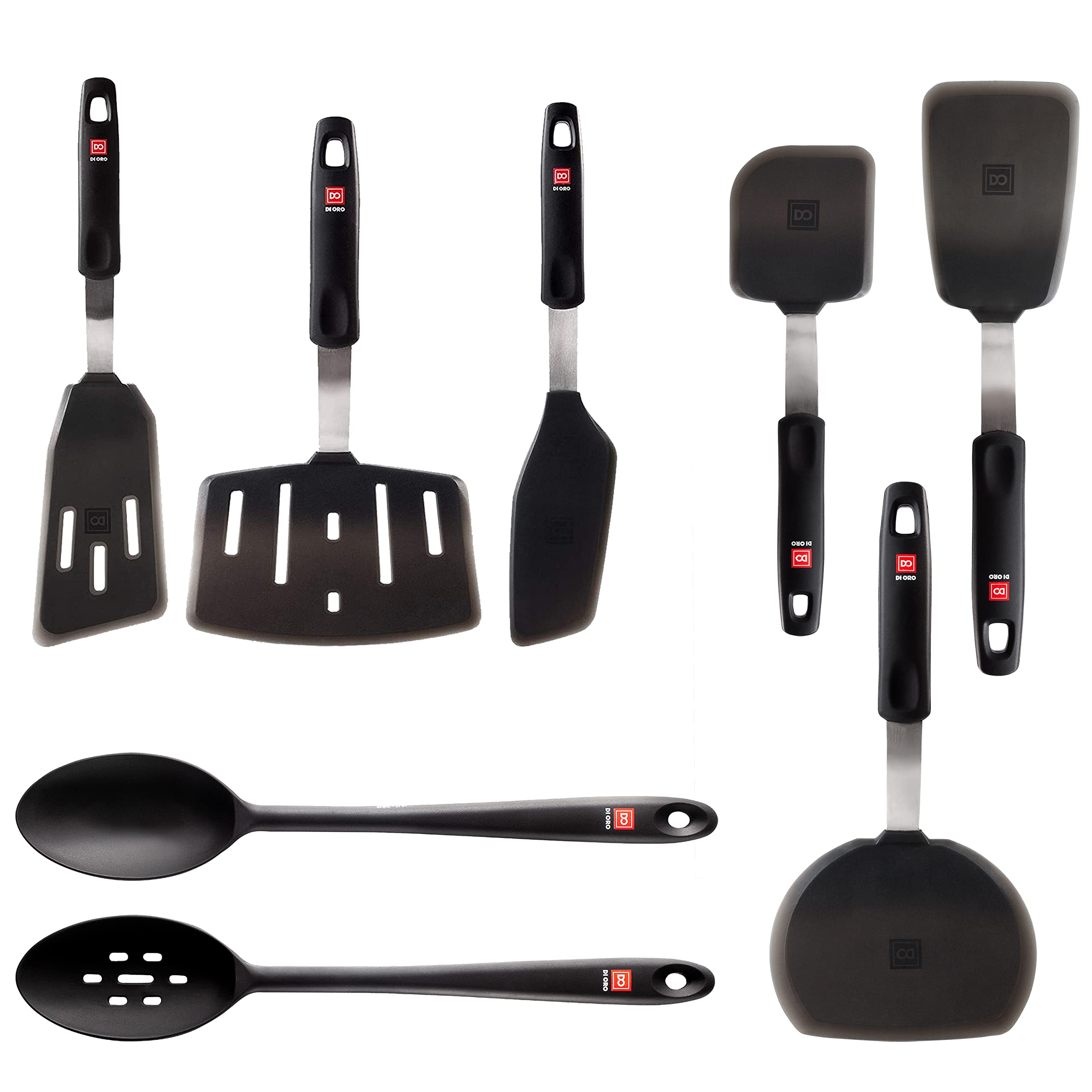 DI ORO 8-Piece Silicone Kitchen Utensil Set - 600°F Heat-Resistant Cooking Tools - 6 Spatulas & 2 Spoons for Baking, Frying, Grilling - Non-Scratch, Dishwasher Safe - Perfect for Home Chefs & Professional Kitchens (Black)
