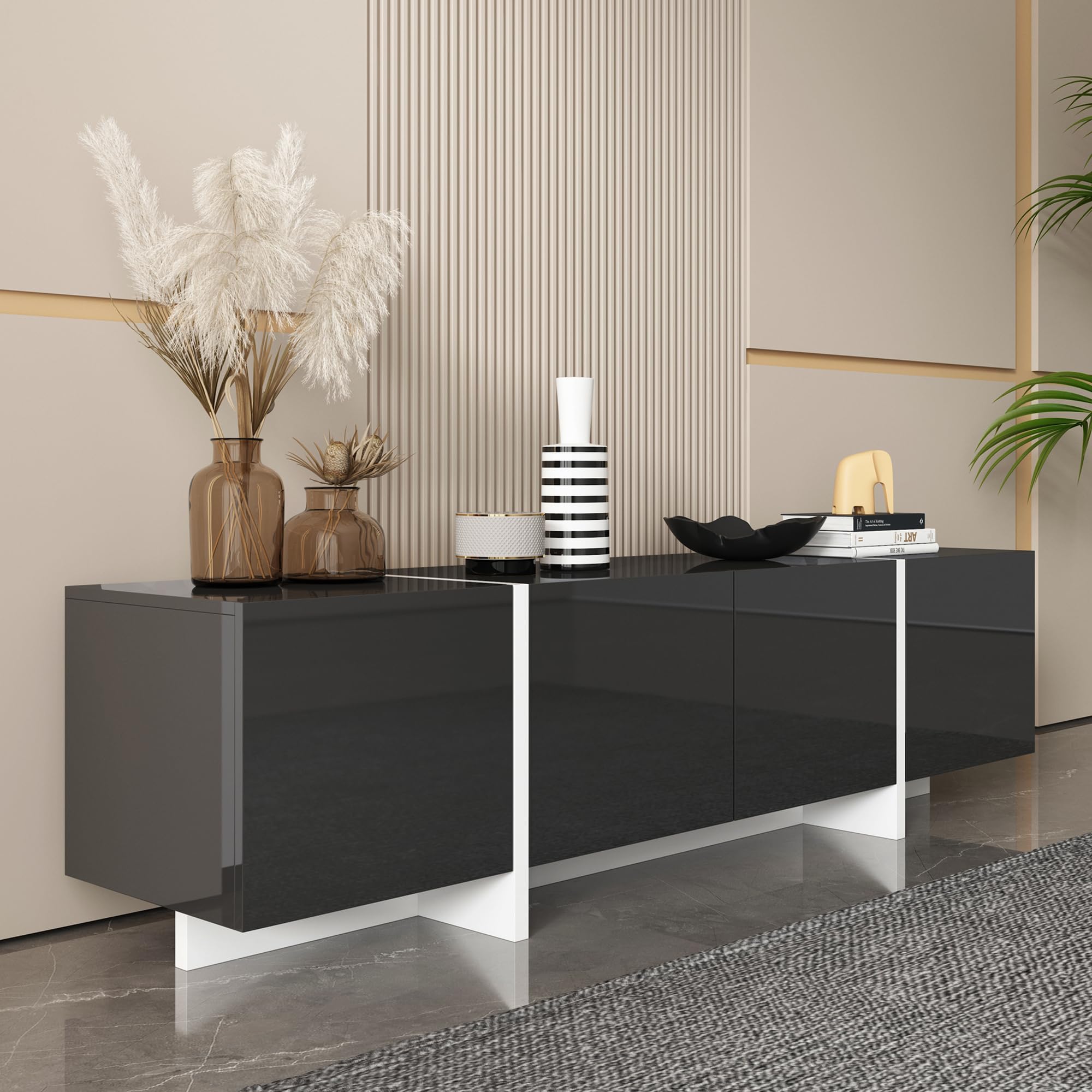 Modern TV Stand for 65 70 75 Inch TVs - Black Entertainment Center with Storage & Adjustable Hinge, Living Room TV Console Table - Perfect for Home Theater Setup & Family Entertainment Spaces
