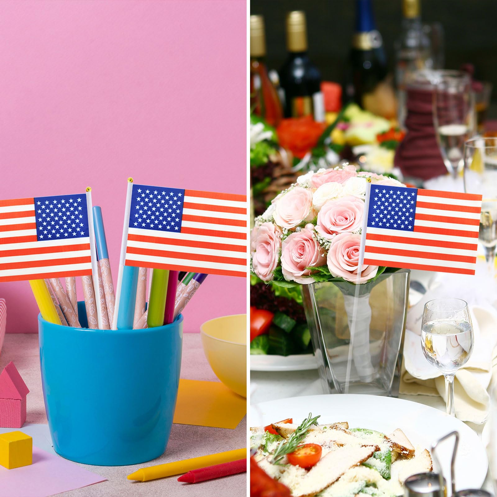 USA Flag Small Stick Mini Hand Held American Flags - 12 Pack (1 Dozen) for Patriotic Decorations, Parades, Parties & Sporting Events