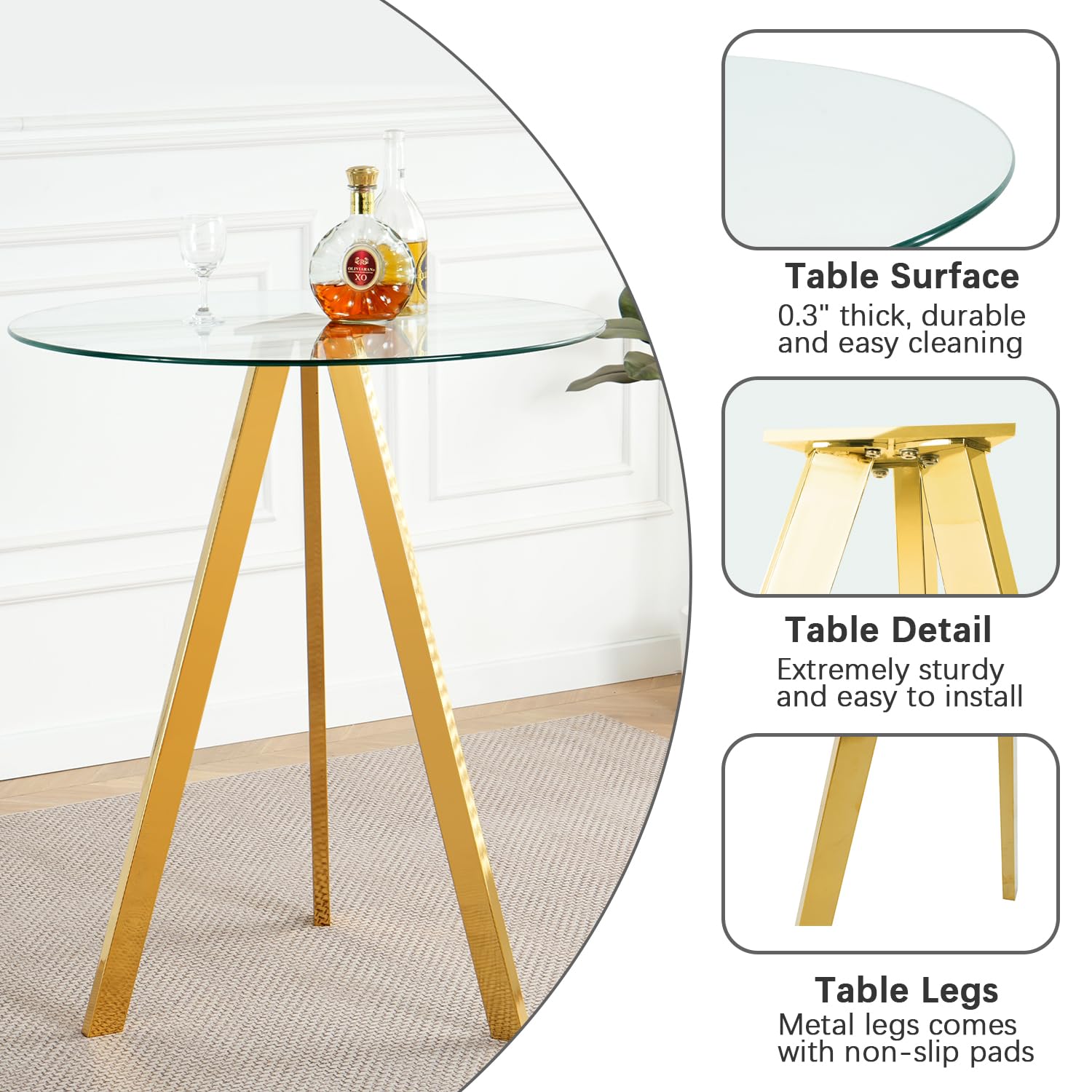 Small Round Clear Glass Bar Table with Gold Legs - Modern Luxury High Top Pub Table, Circular Bistro & Party Drink Table for Small Spaces - Perfect for Home Bars, Living Rooms, Patios & Outdoor Entertaining