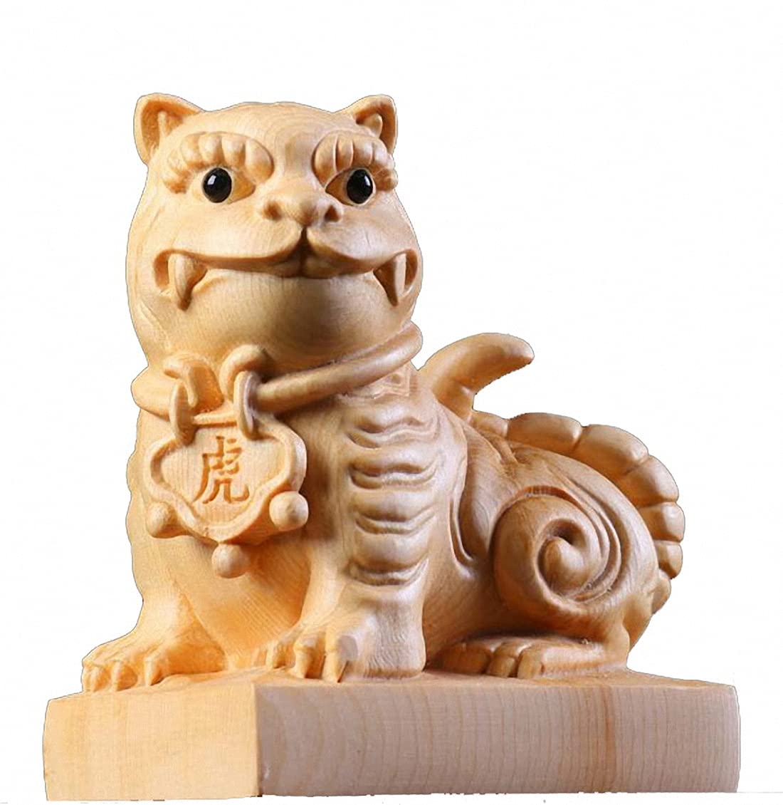Hand Carved Natural Boxwood Zodiac Tiger Statue - Cute Home Decor, Feng Shui Gift & Office Desk Ornament