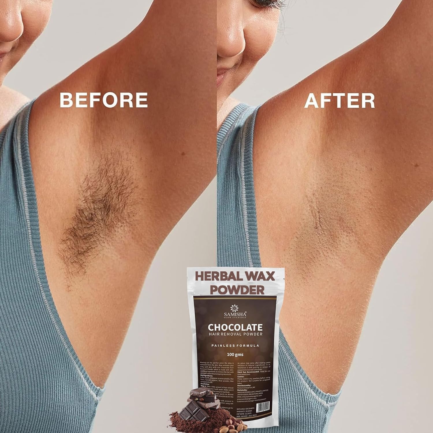 Samisha Herbal Chocolate Wax Powder for Hair Removal - Painless & Quick Hair Removal Solution for Men & Women, No Side Effects, 1 Count | Ideal for Smooth Skin at Home, Salon, or Spa