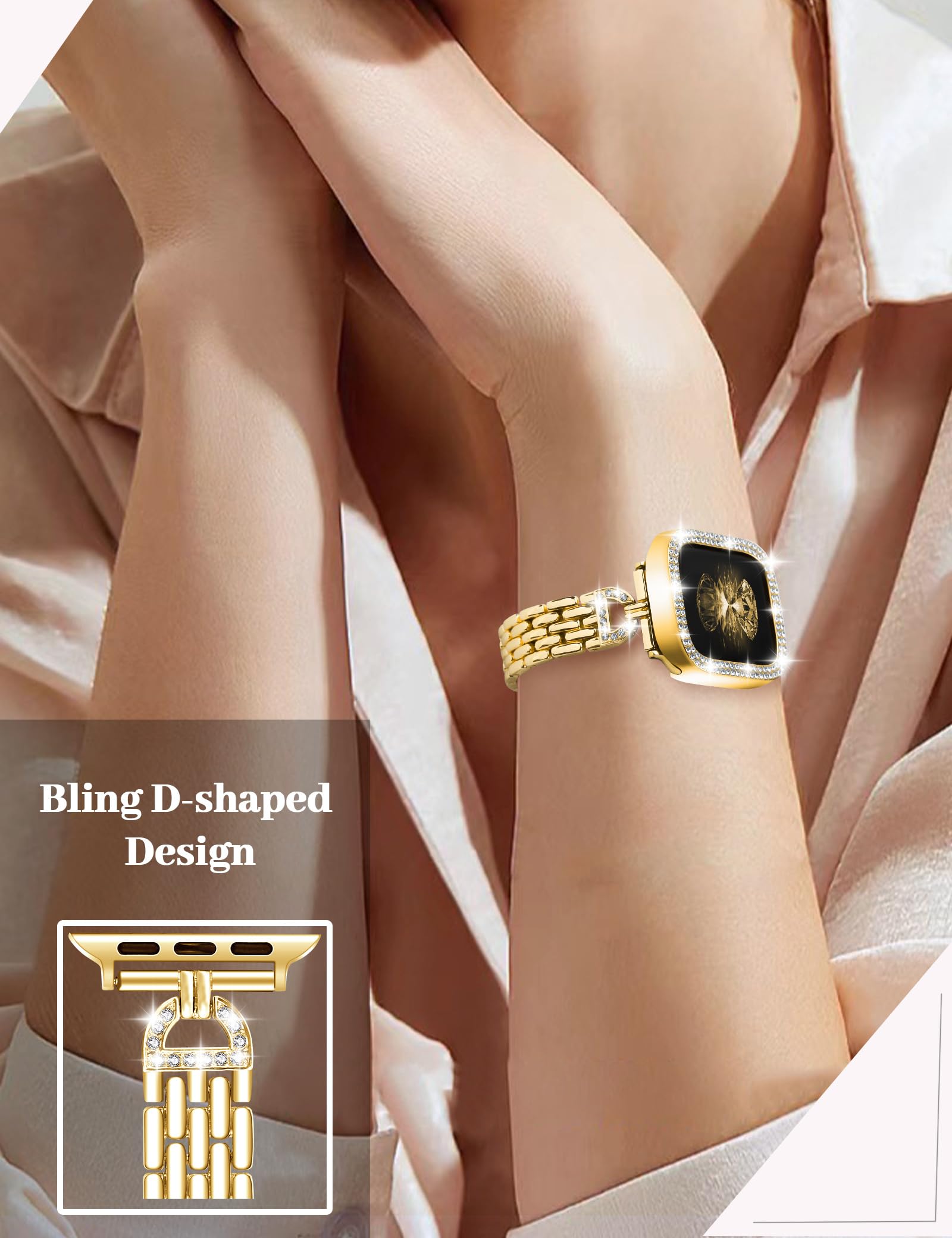 JR.DM Slim Bling Bracelet Case for Apple Watch - D-Shaped Stainless Steel Replacement Band Compatible with iWatch Series 10/9/8/7/6/5/4/3/2/1/SE/Ultra - Elegant Women's Accessory for Work, Party & Daily Wear