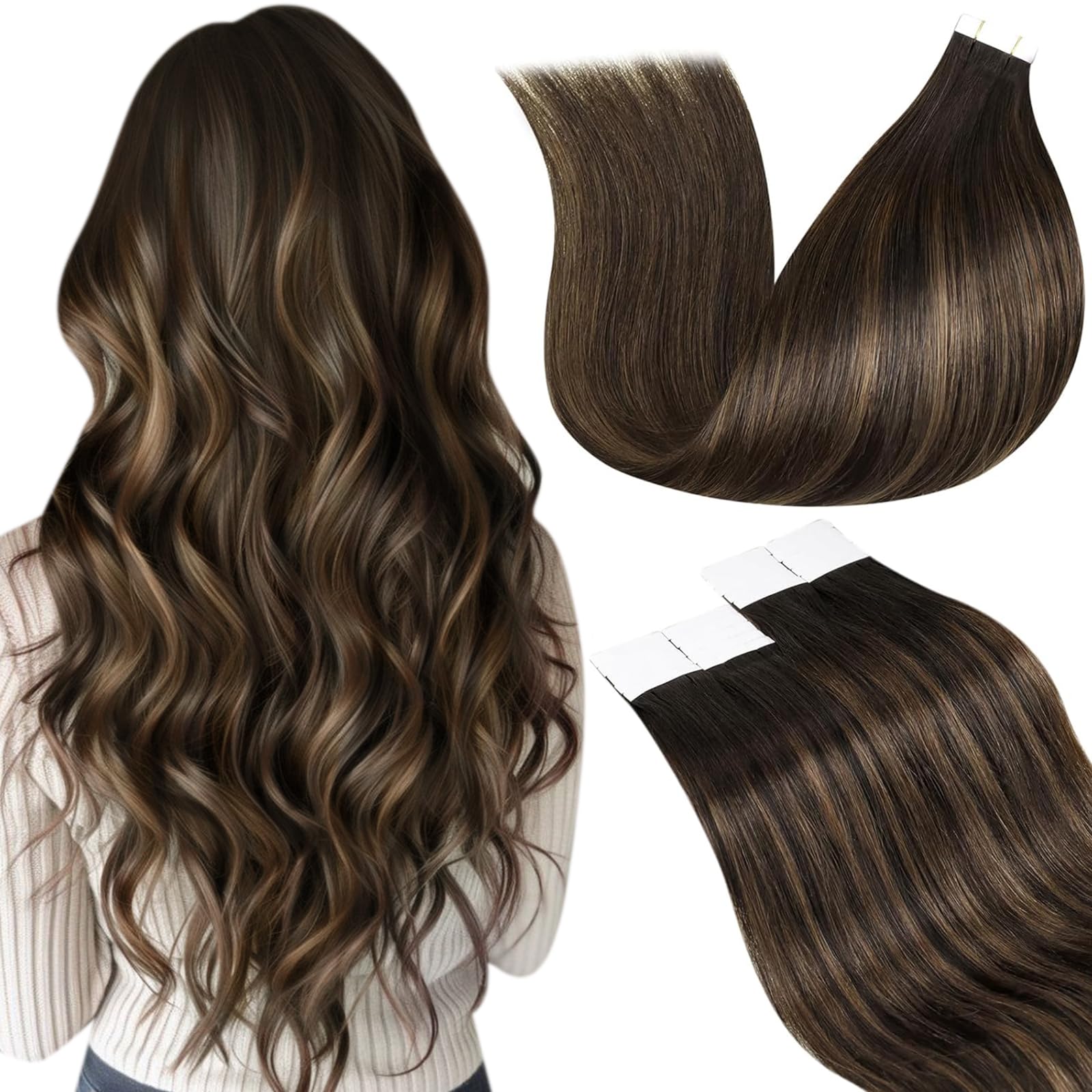 LaaVoo Ombre Tape-In Hair Extensions 20 Inch - Darkest Brown to Light Brown Blend, 20pcs 50g, 100% Human Hair, Silky Straight - Perfect for Parties, Weddings & Daily Styling