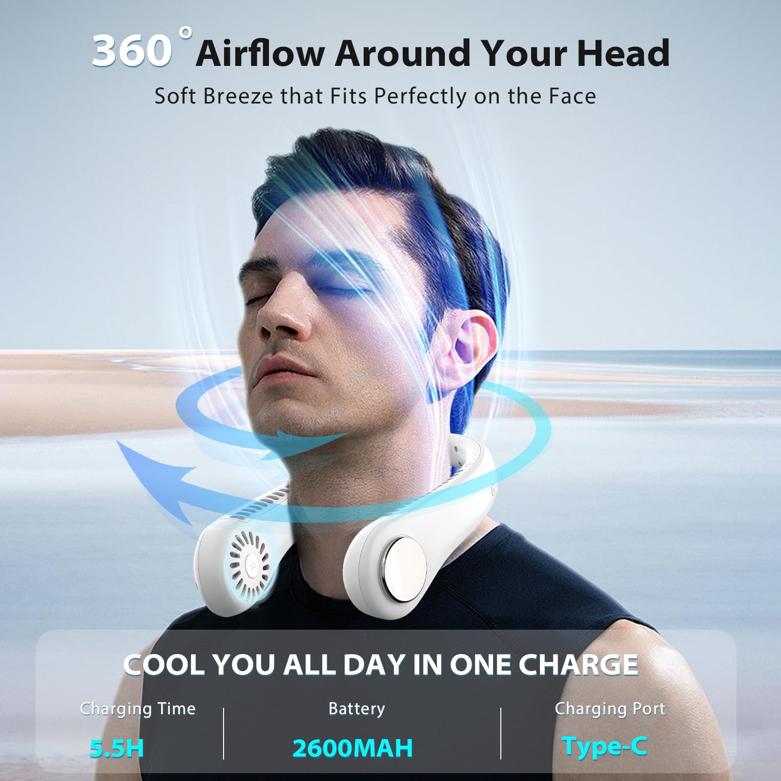 Portable Neck Fan with 360° Cooling Airflow - USB Rechargeable, Bladeless, 3 Speed Settings - Hands-Free Wearable Fan for Sports, Office, Travel, Gym & Outdoor Activities - Quiet Personal Cooling Fan for Summer Heat Relief