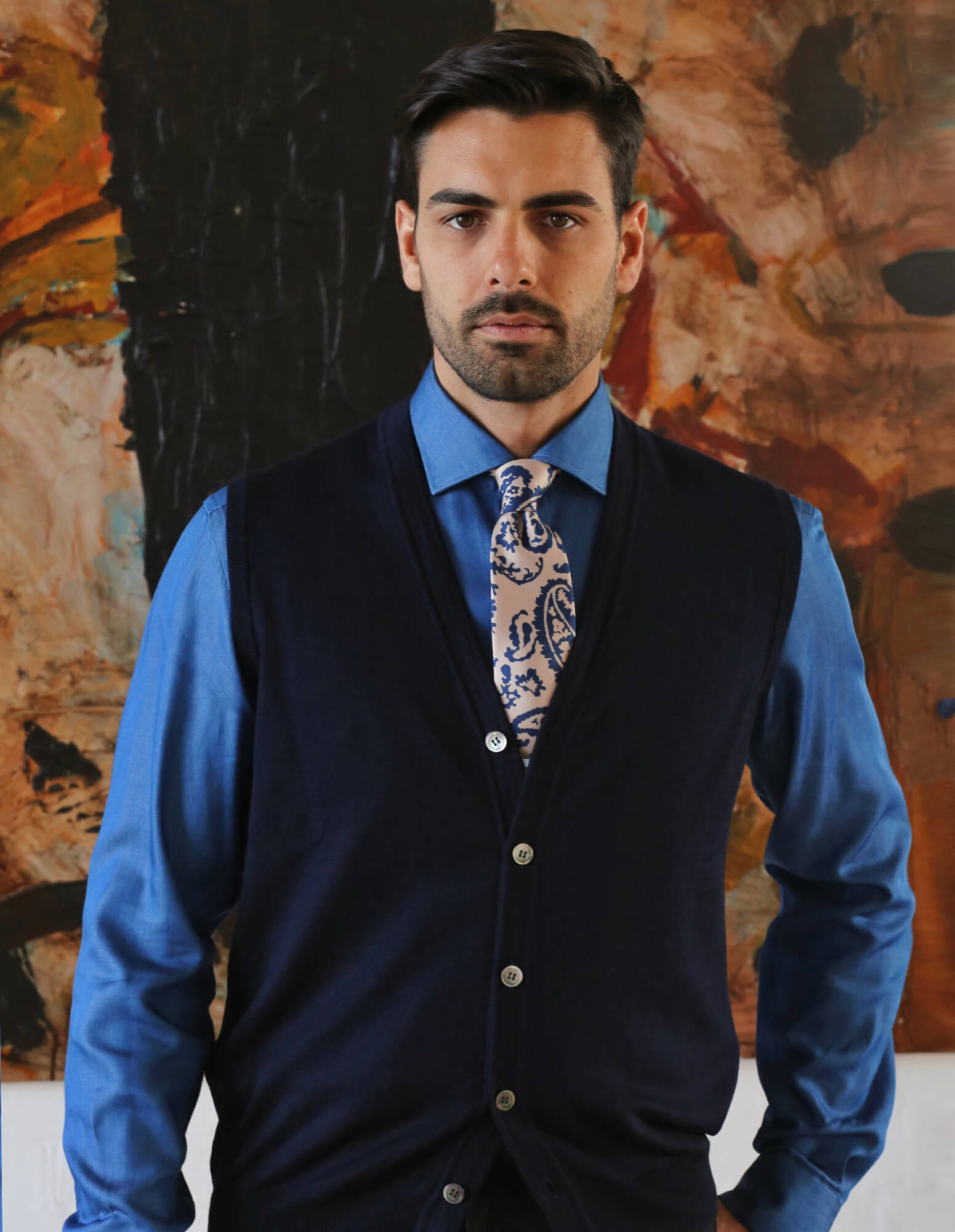 Men's Navy Blue Merino Wool Button-Down Vest - Warm & Stylish Layering for Outdoor Activities & Casual Wear