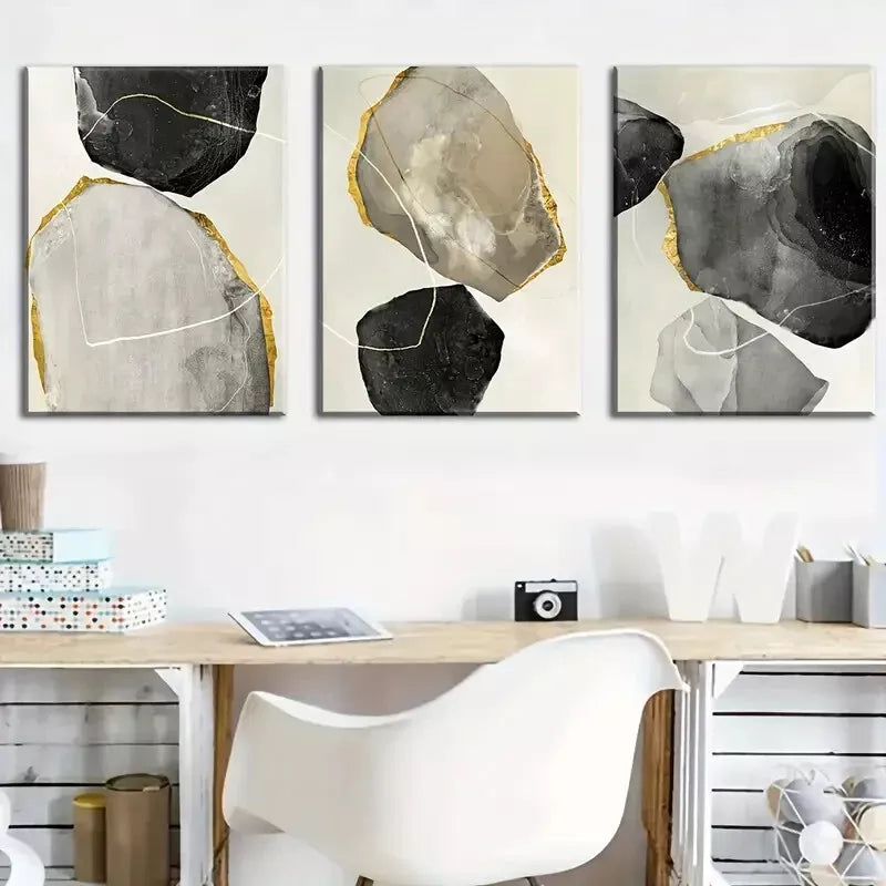 3-Piece Abstract Modern Stone Gold Black Wall Art Set - Framed Canvas 40x60cm (16x24in) - High Quality Print - 100% Australian Made - Ready to Hang Wall Decor for Living Room, Bedroom & Office