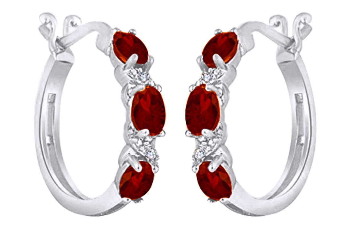 14K Gold Over Sterling Silver Oval Cut Simulated Red Garnet & White Diamond Hoop Earrings - Elegant Jewelry for Parties, Weddings & Special Occasions