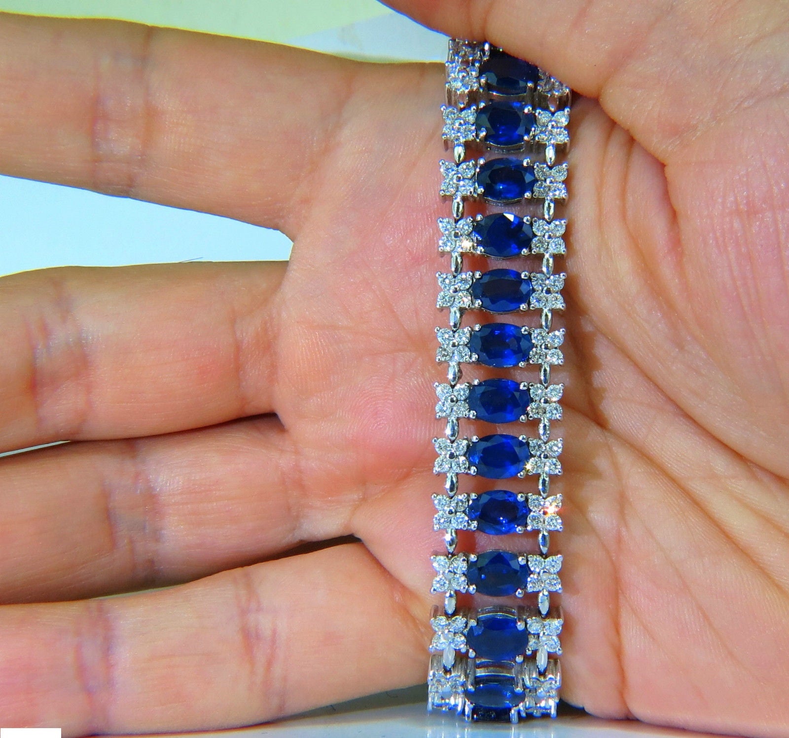 33.75CT Natural Blue Sapphire & Diamond Tennis Bracelet - 3 Row Wide Cuff for Women - Elegant Jewelry for Weddings, Parties & Special Occasions