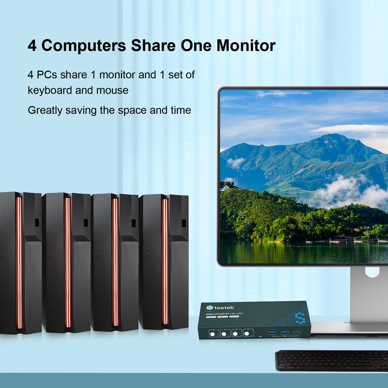 Steetek 4 Port HDMI KVM Switch - 4K UHD @60Hz, USB 3.0 Hub, Share 1 Monitor & 4 USB Devices Among 4 Computers - Button Switch, HDMI 2.0 HDCP 2.2 with Cables - Perfect for Home Office, Gaming & Multi-Device Workspaces