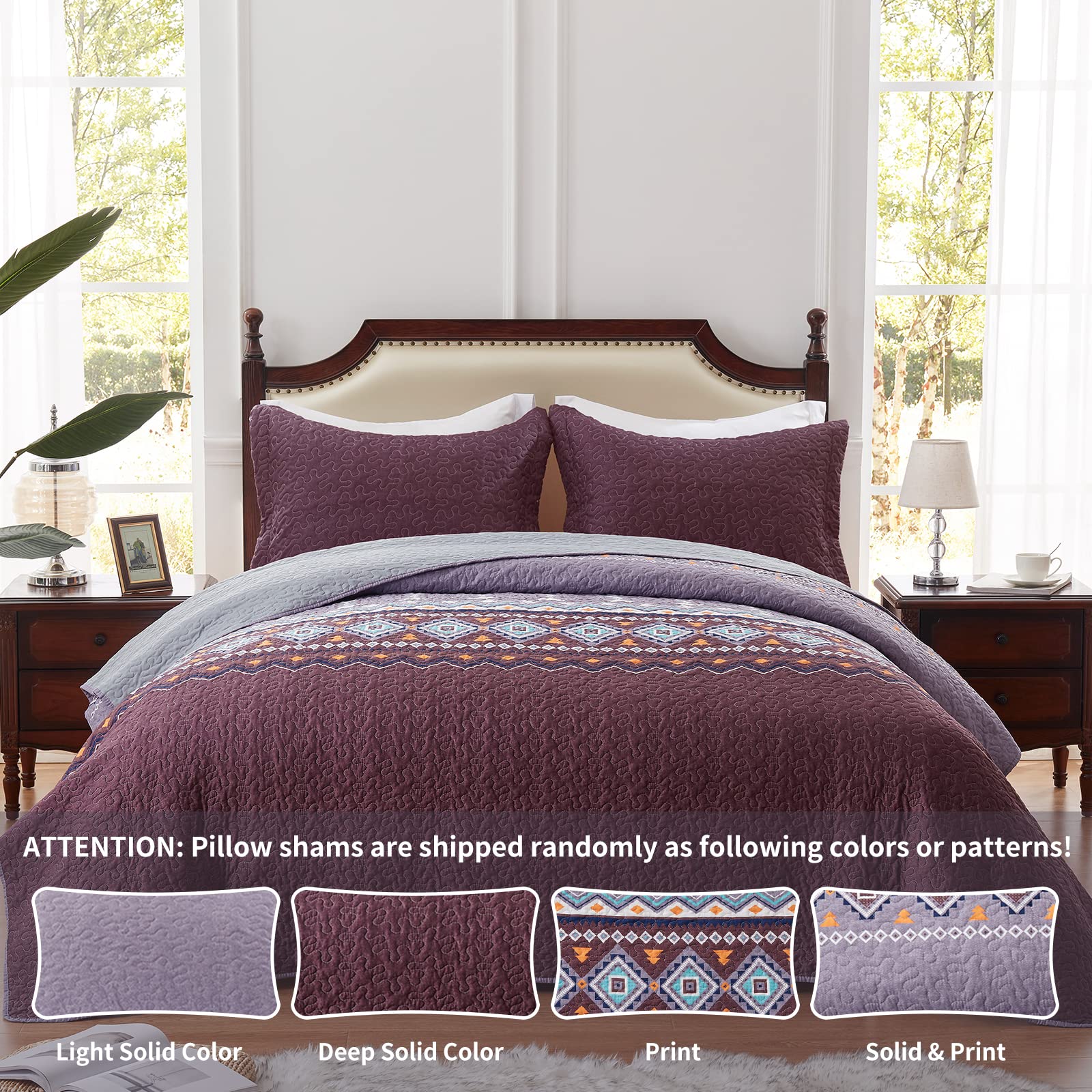 LEAONME Full/Queen Size 3-Piece Quilt Set - Lightweight Reversible Microfiber Bedspread Coverlet & 2 Pillow Shams - All Season Oversized 90x98 Inch Bohemian Purple Bedding | Perfect for Guest Rooms, Master Bedrooms & Bohemian Home Decor