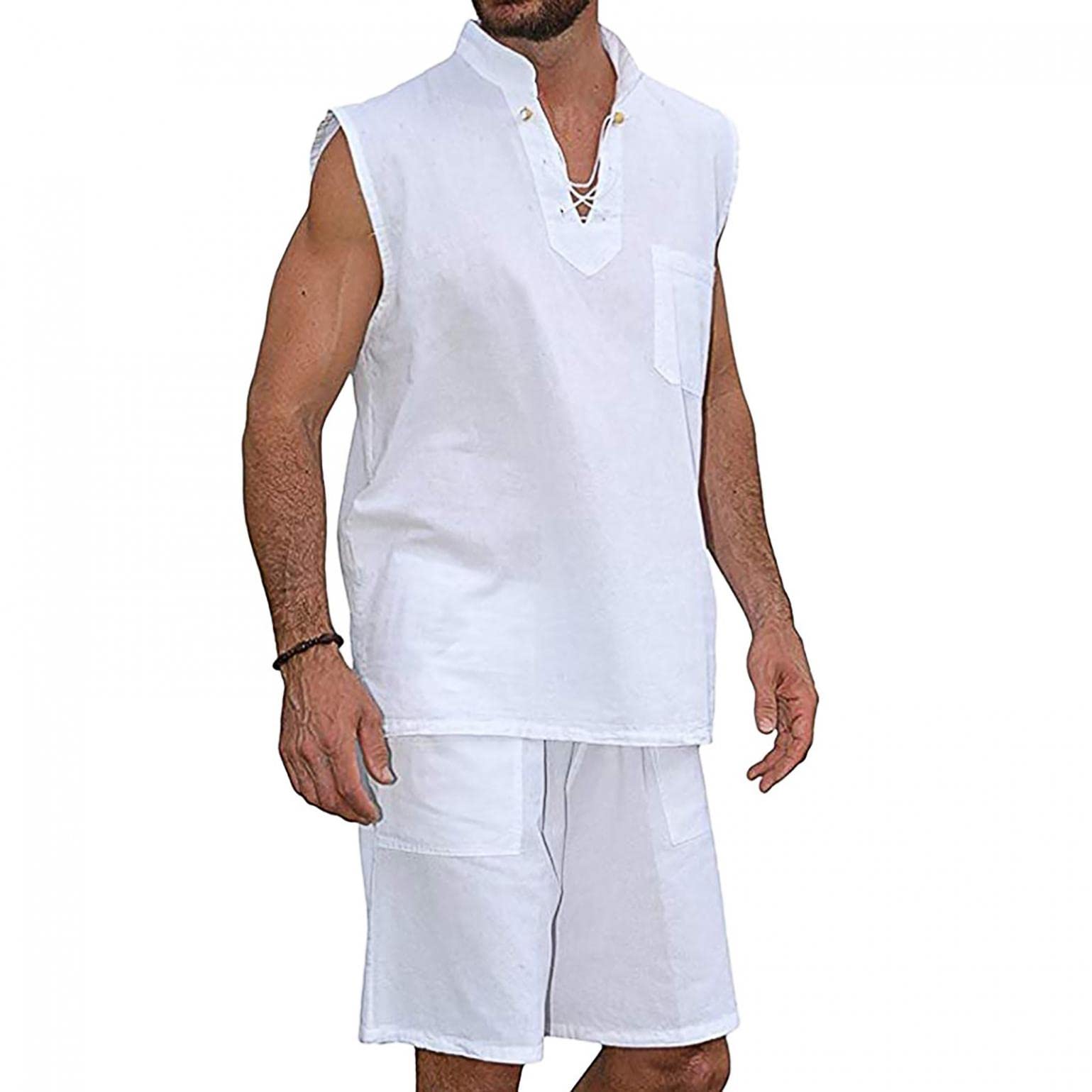 UTPO Men's 2-Piece Linen Outfit - Summer Casual Tank Top & Shorts Set | Stylish Beachwear, Cool Hippie Shirts Sleeveless Suit for Vacation, Pool Party & Outdoor Activities