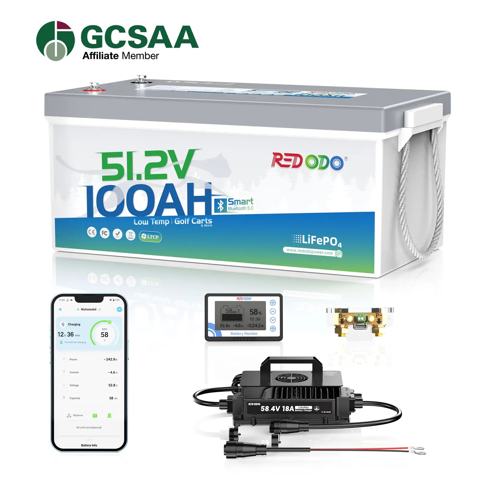 Redodo 48V 100Ah Bluetooth Lithium Battery Kit for Golf Carts - Compatible with Club Car, EZGO, ICON & Yamaha | Long-Lasting Power Upgrade for Smooth Golf Course Rides & Neighborhood Cruising