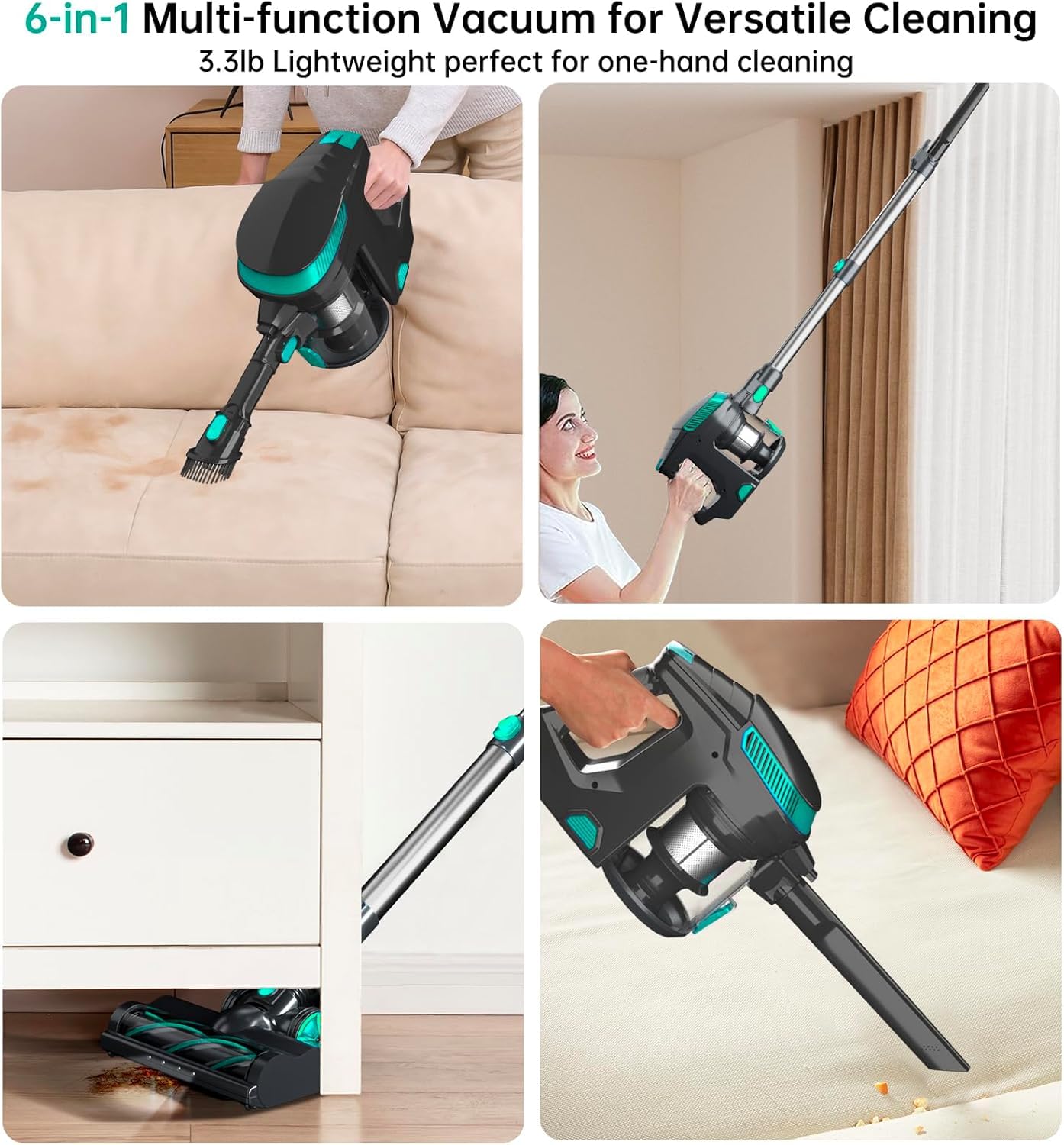 FABULETTA Cordless Vacuum Cleaner - 38KPa/380W Powerful Stick Vacuum with 55 Min Runtime, 3 Suction Modes, 6-in-1 Lightweight Design for Home, Pet Hair, Carpet & Hardwood Floors (Lake Blue) - Perfect for Quick Cleanups, Pet Owners & Multi-Surface Cleaning