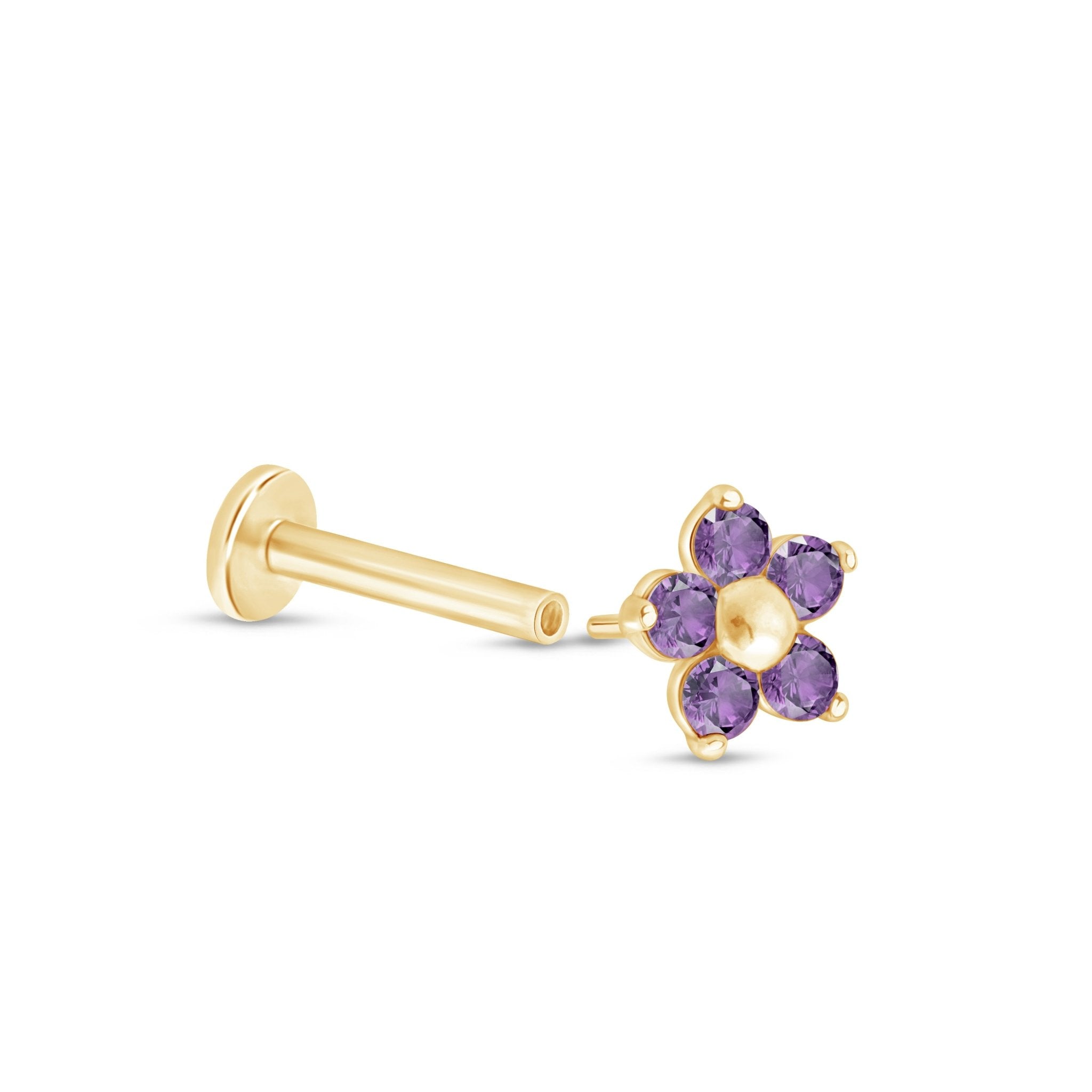 14K Yellow Gold Amethyst Flower Stud Earrings – Dainty Floral Jewelry for Women, Perfect for Everyday Wear & Special Occasions