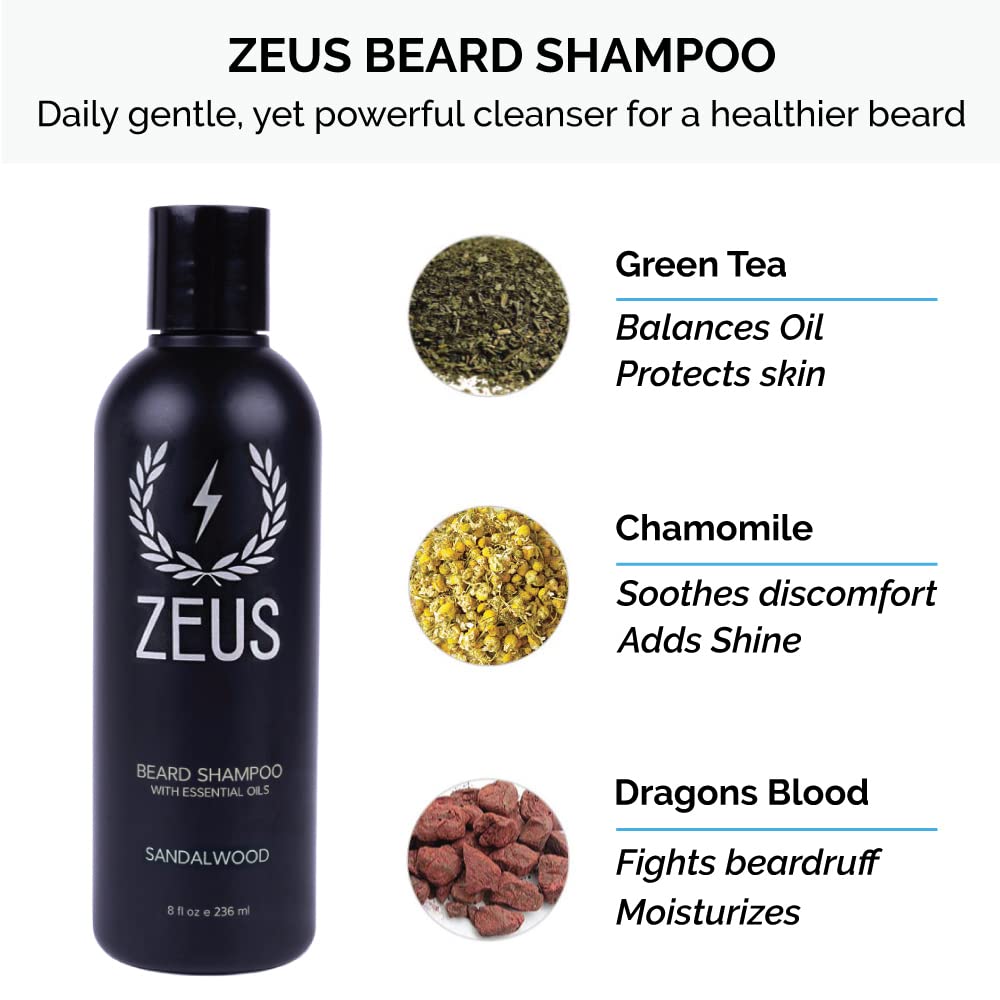 ZEUS Premium Beard Growth Kit for Thick Beards - Natural Beard Shampoo, Conditioner & Sandalwood Beard Oil Set with Travel Toiletry Bag | Made in USA | Perfect for Daily Grooming, Travel & Men's Self-Care Routine