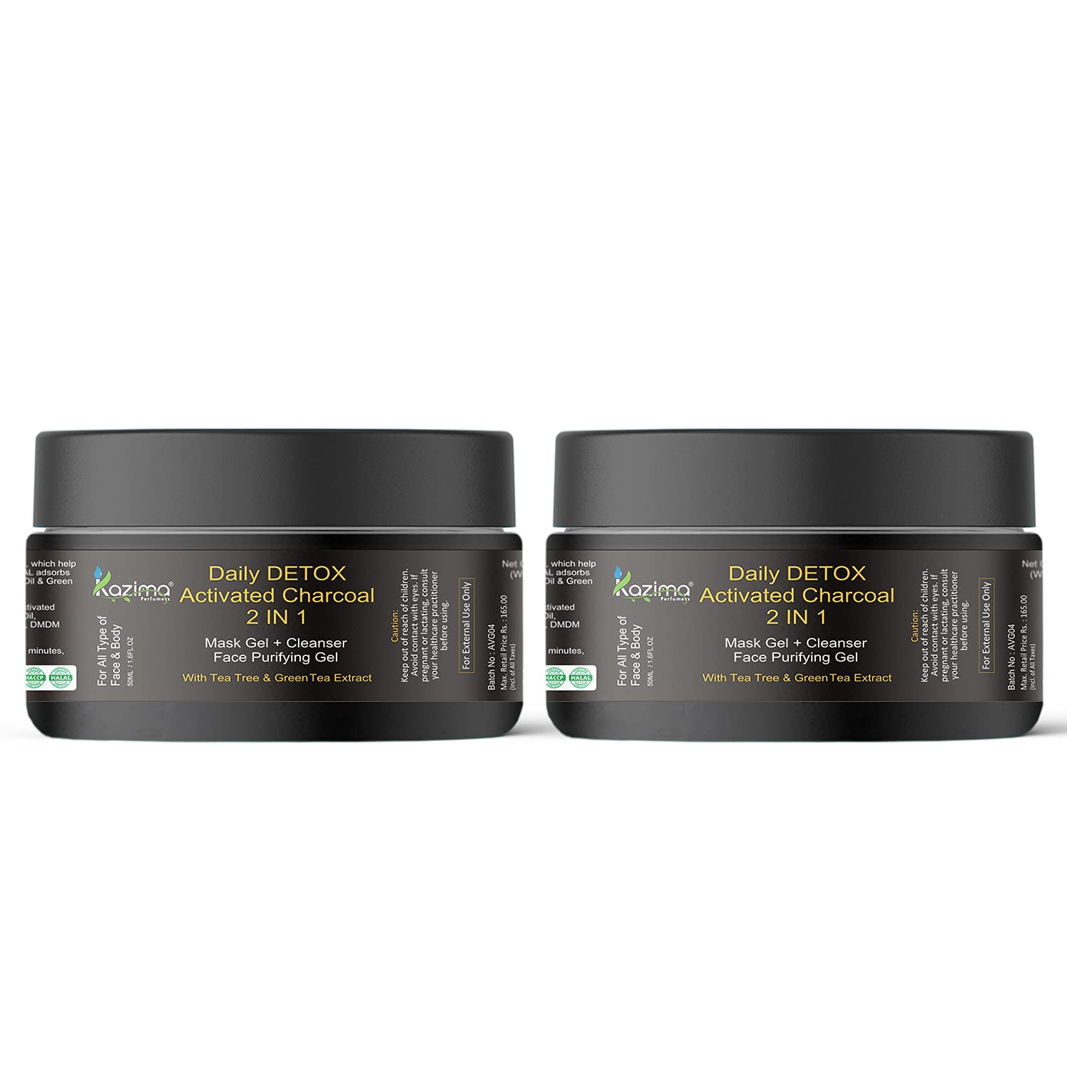 KAZIMA 2-in-1 Activated Charcoal Face Mask & Cleanser - Detoxifying Gel with Tea Tree & Green Tea Extract for Deep Pore Cleansing, Skin Refresh & Softening, 50ml (Pack of 2) | Perfect for Daily Skincare Routine & Post-Workout Skin Detox